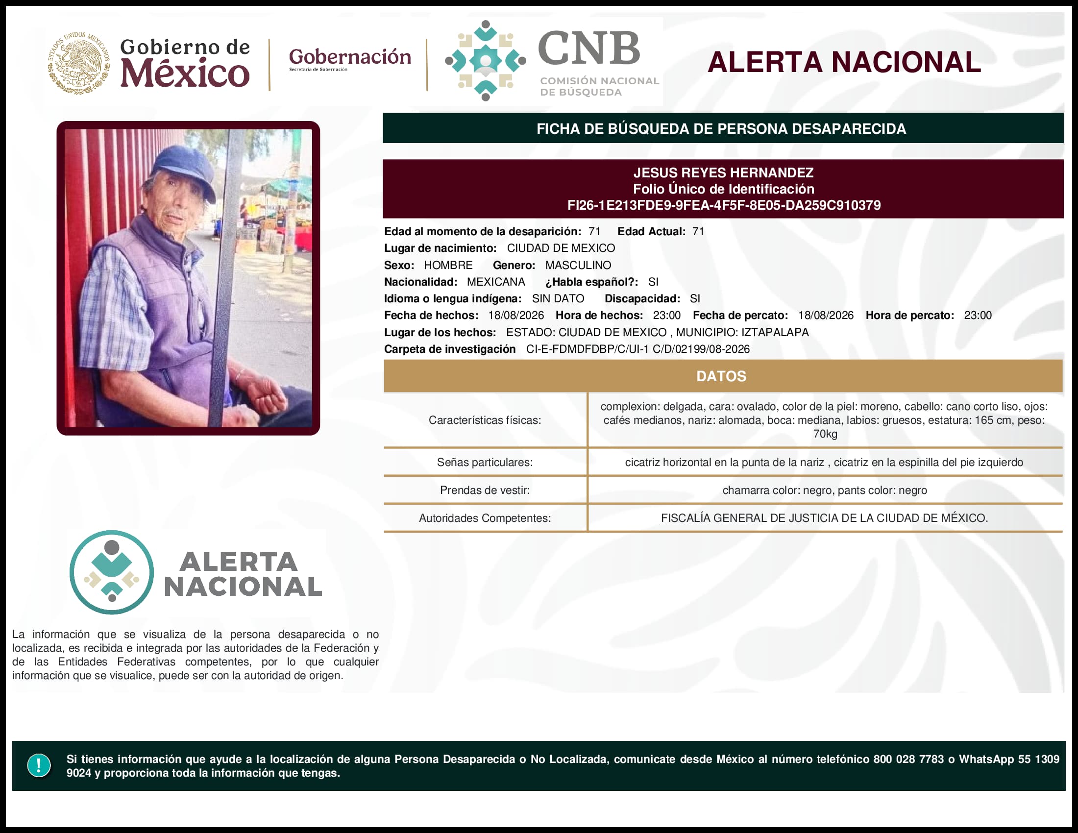 Persona desaparecida Jesus Reyes Hernandez