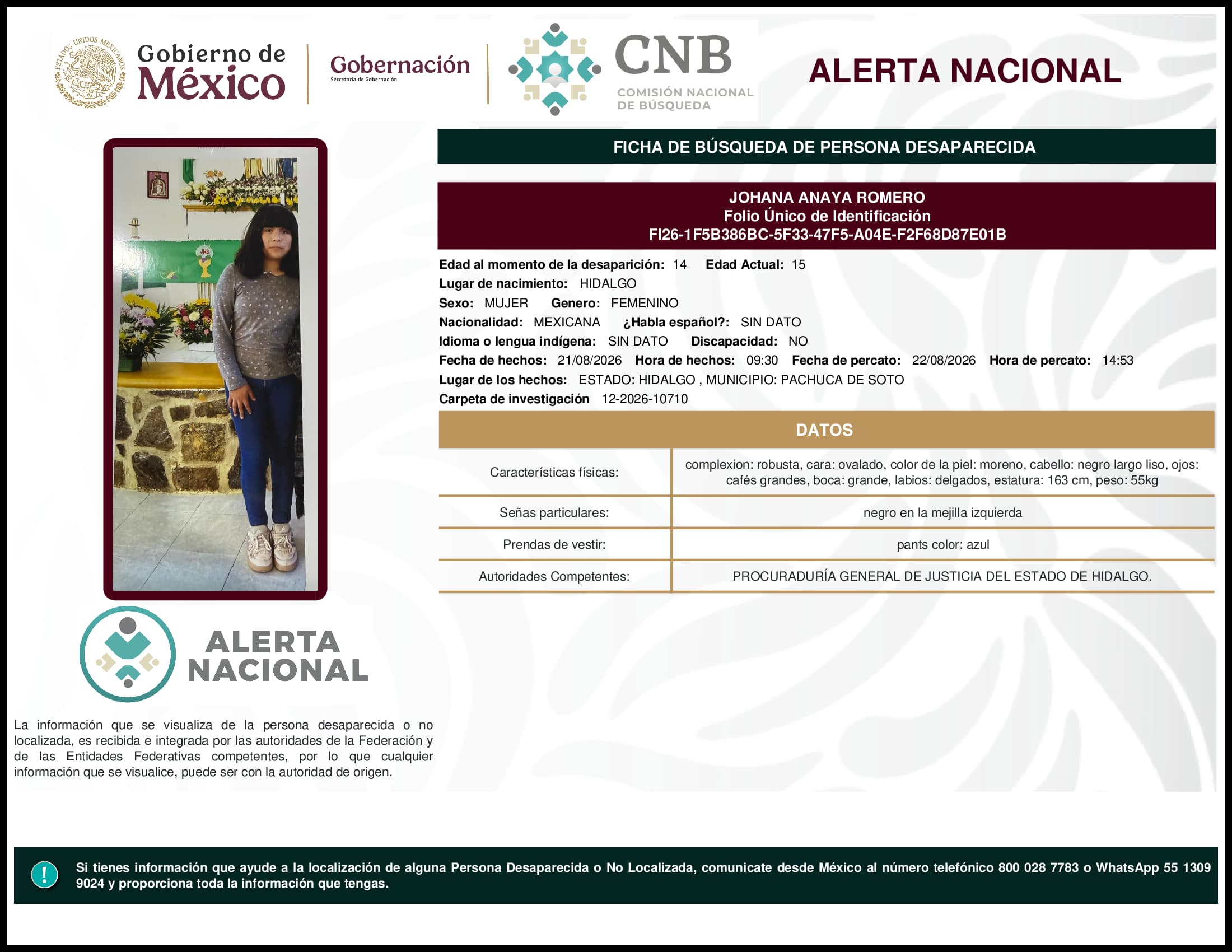 Persona desaparecida Johana Anaya Romero