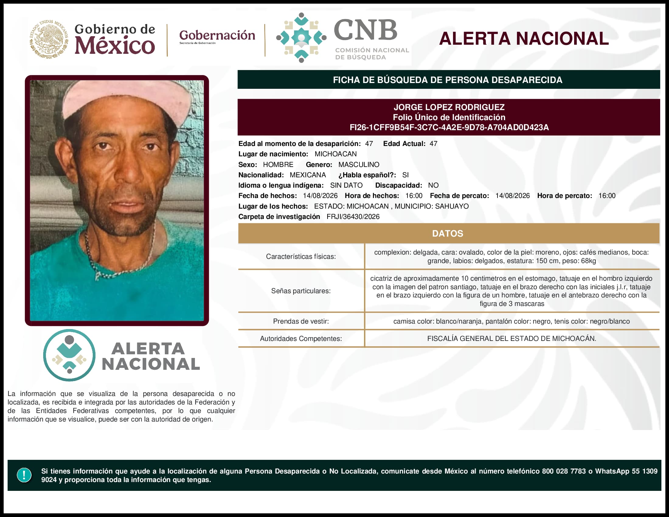 Persona desaparecida Jorge Lopez Rodriguez