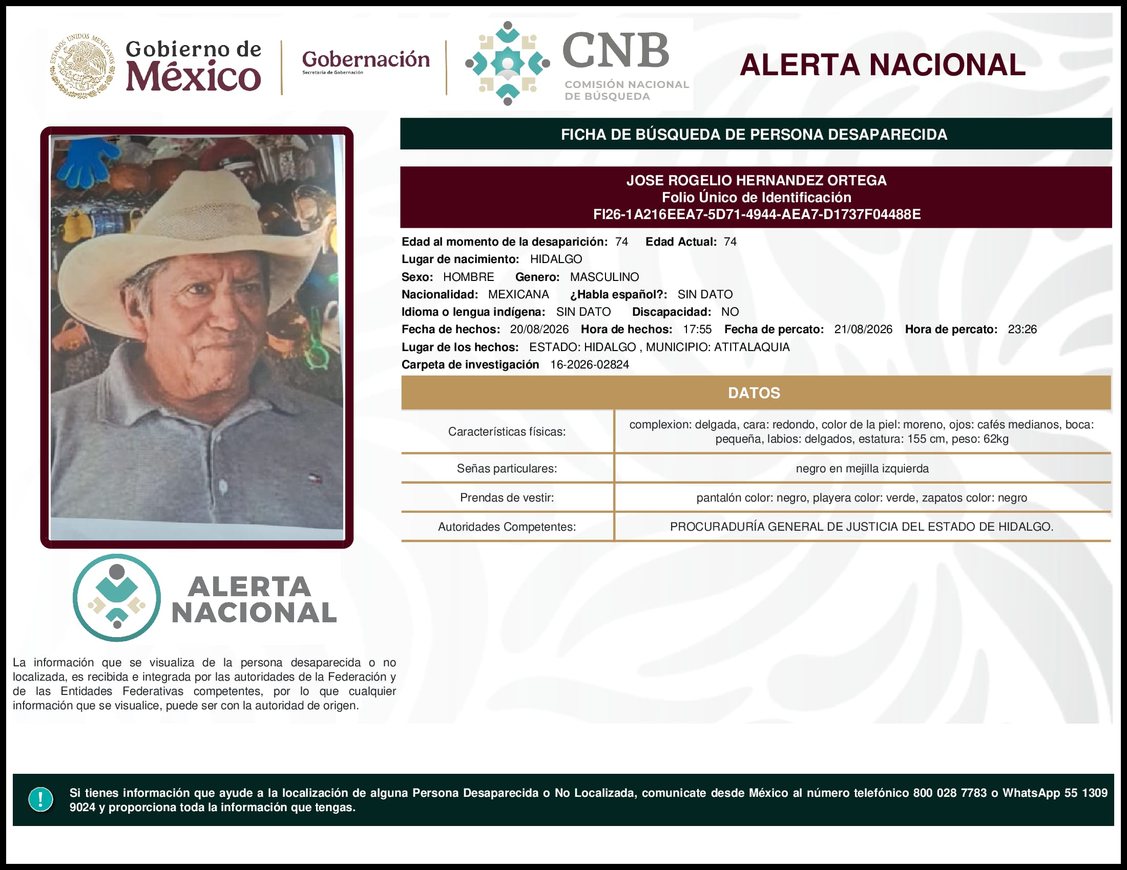 Persona desaparecida Jose Rogelio Hernandez Ortega