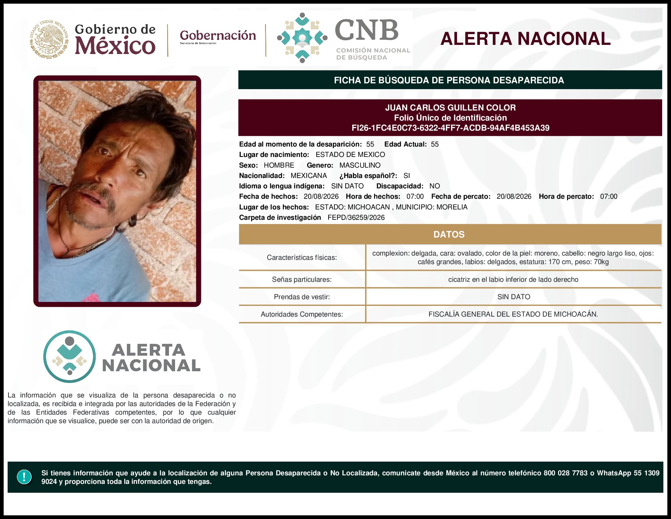 Persona desaparecida Juan Carlos Guillen Color