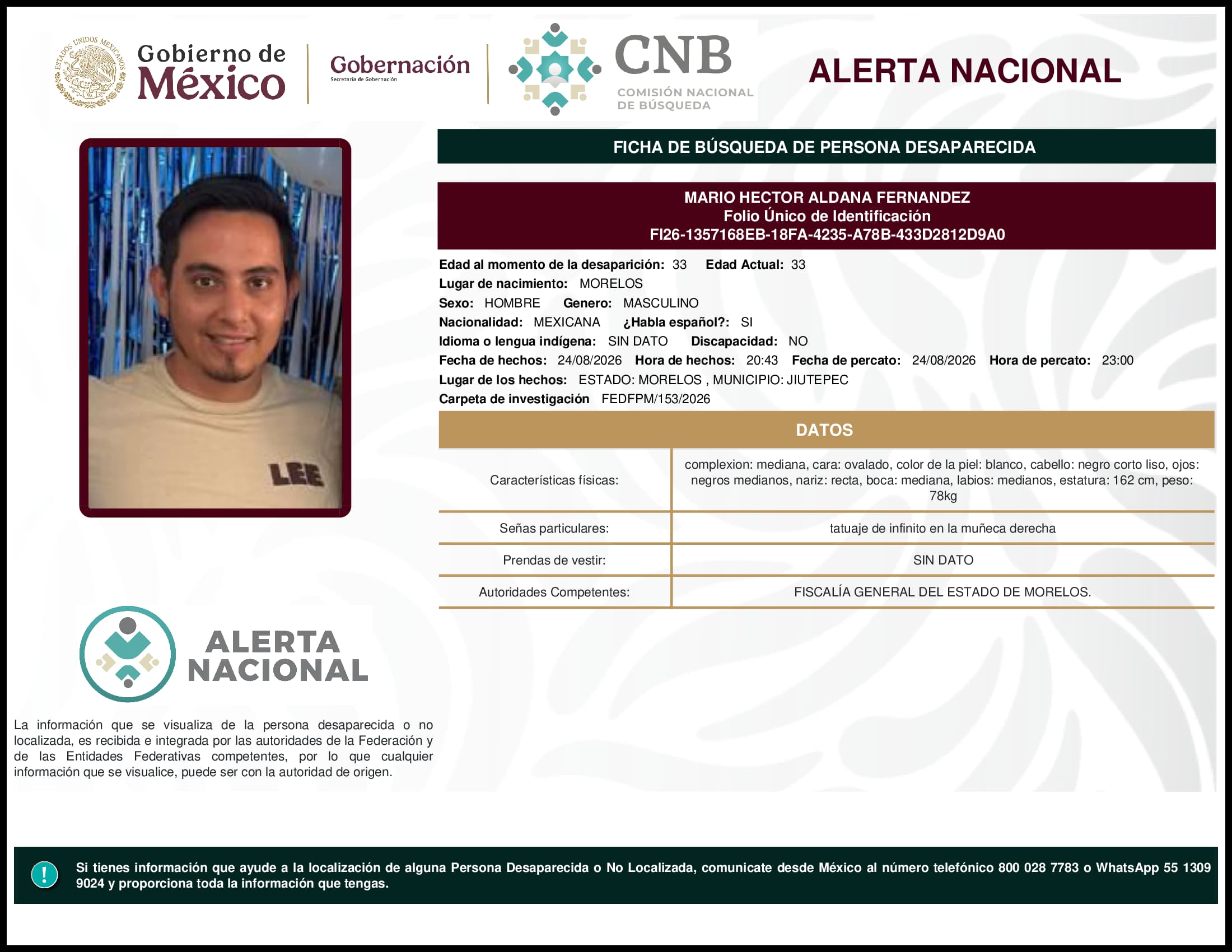 Persona desaparecida Mario Hector Aldana Fernandez