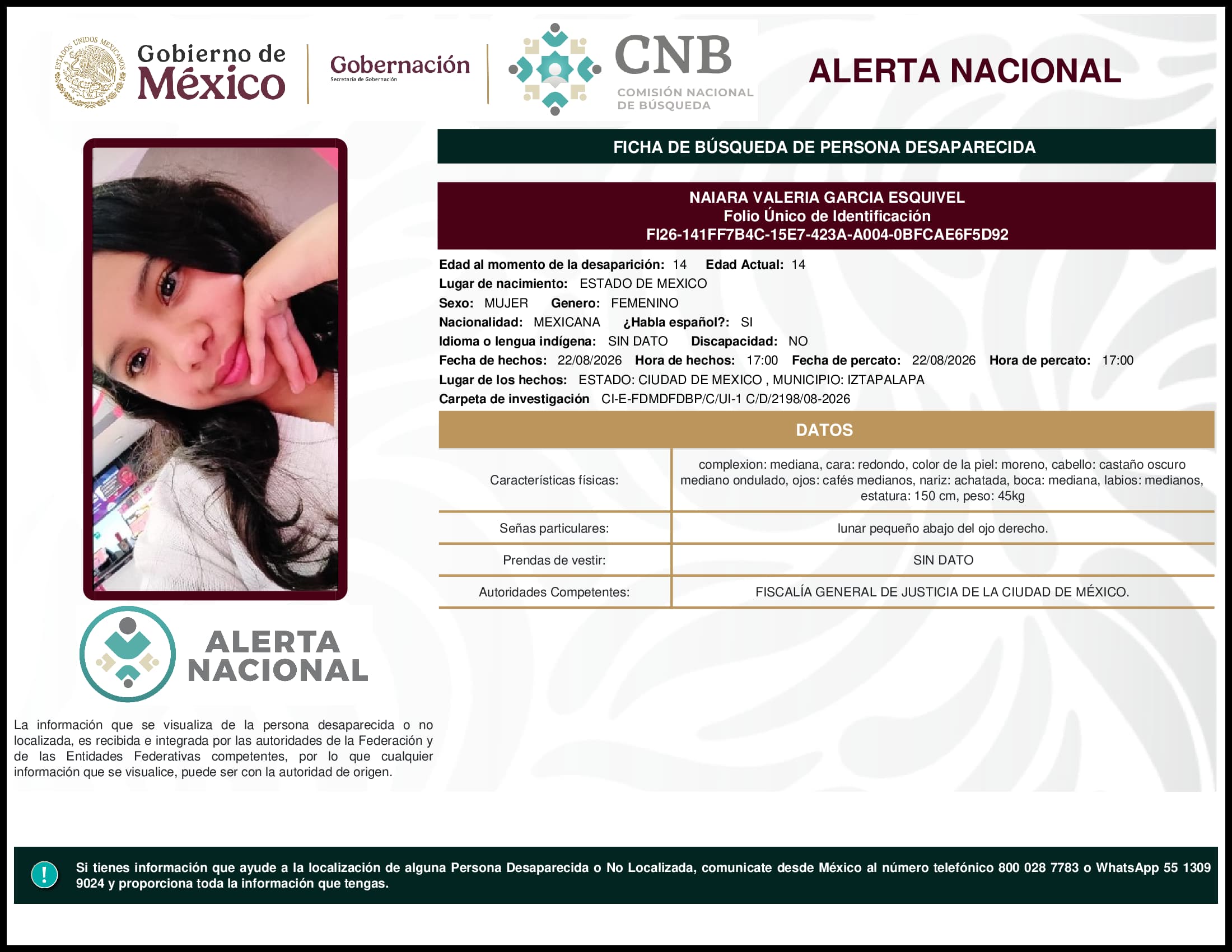 Persona desaparecida Naiara Valeria Garcia Esquivel