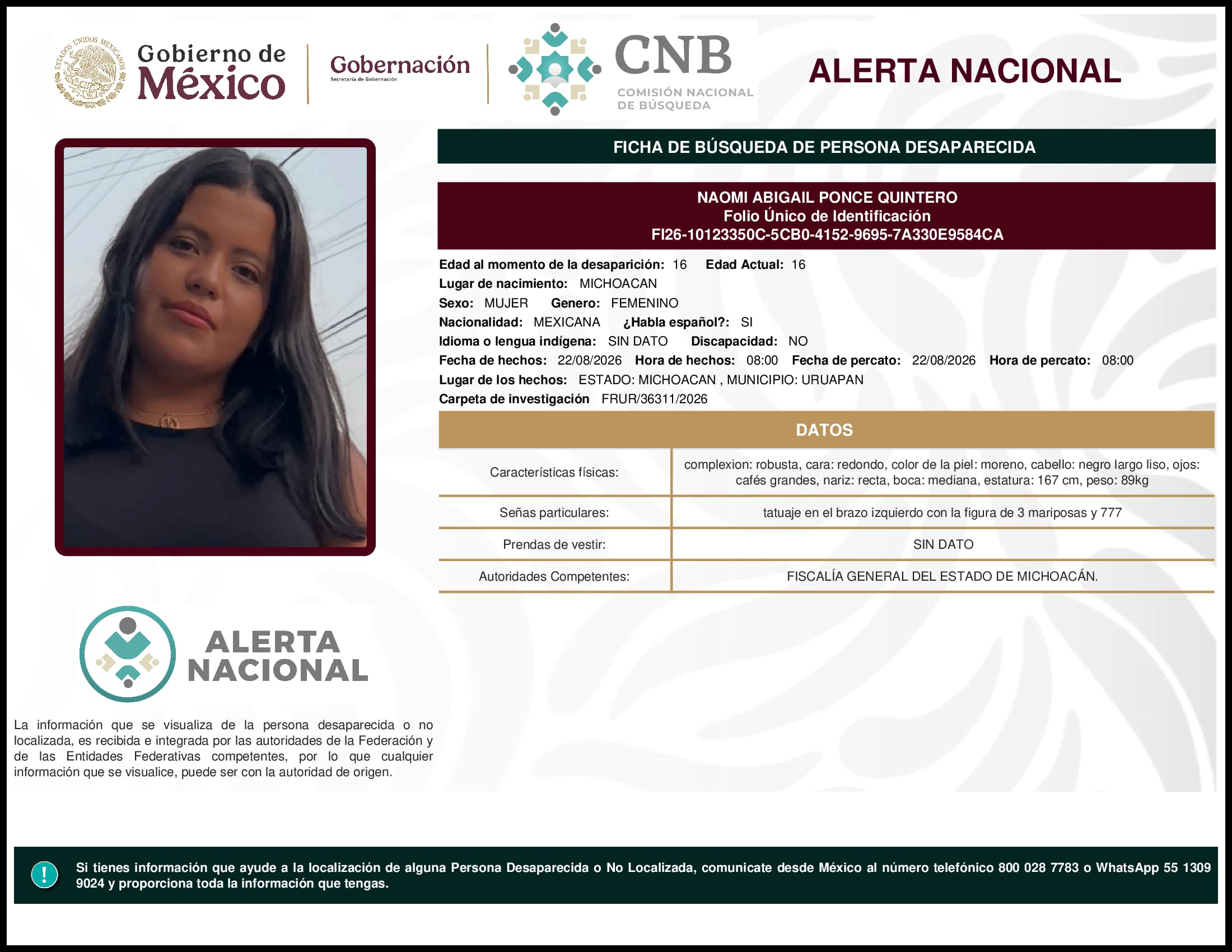 Persona desaparecida Naomi Abigail Ponce Quintero