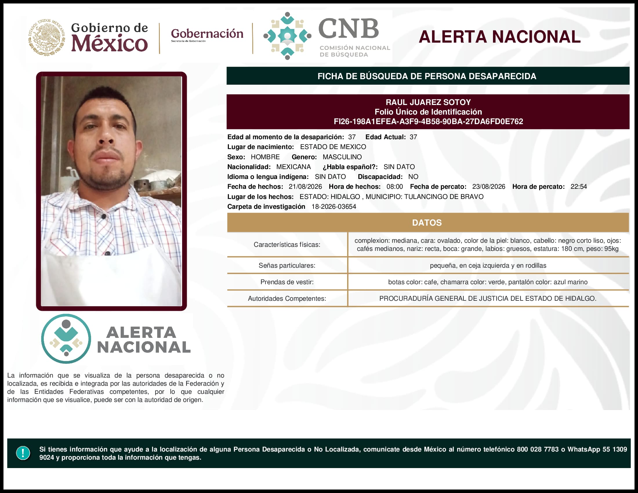 Persona desaparecida Raul Juarez Sotoy