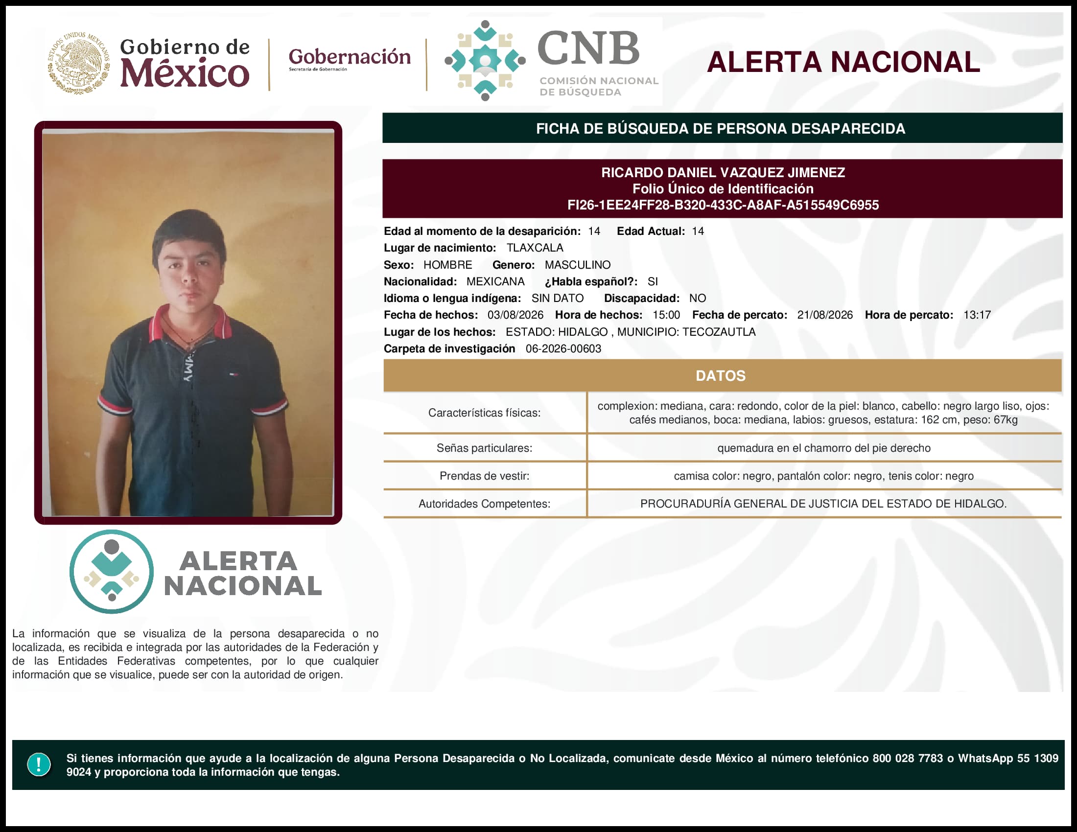 Persona desaparecida Ricardo Daniel Vazquez Jimenez