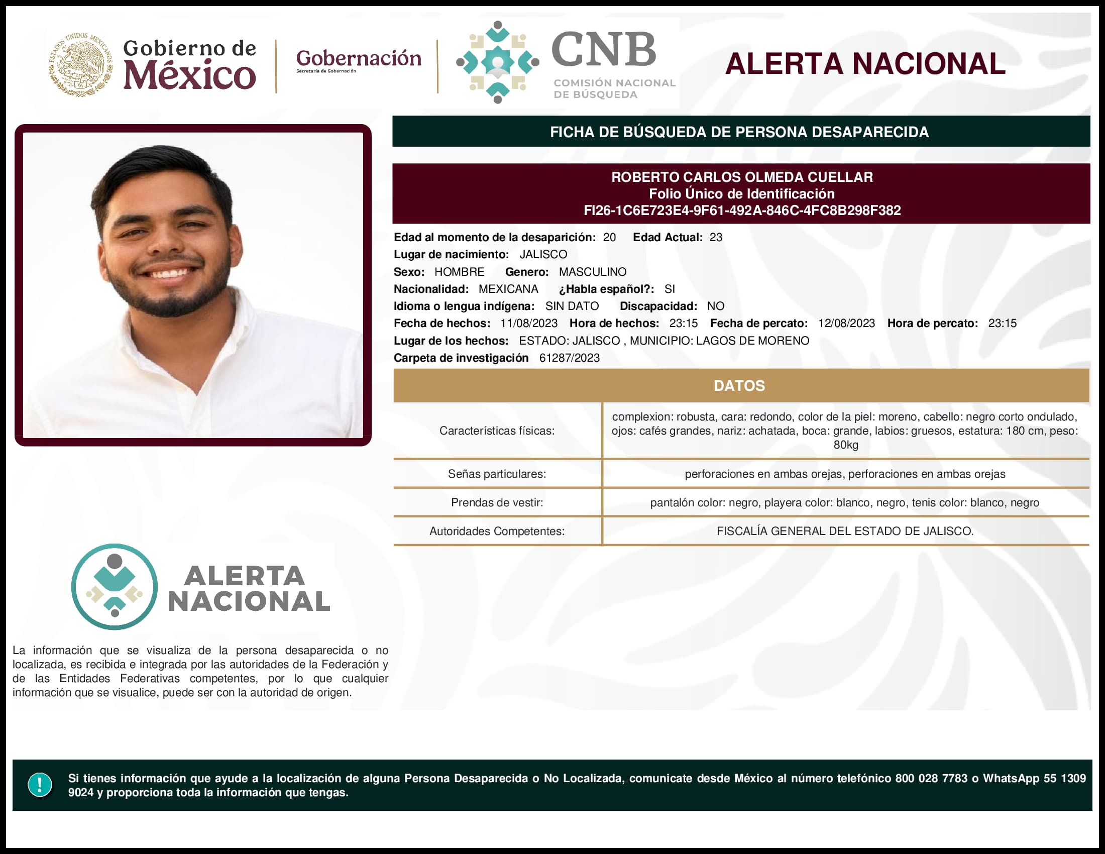 Persona desaparecida Roberto Carlos Olmeda Cuellar