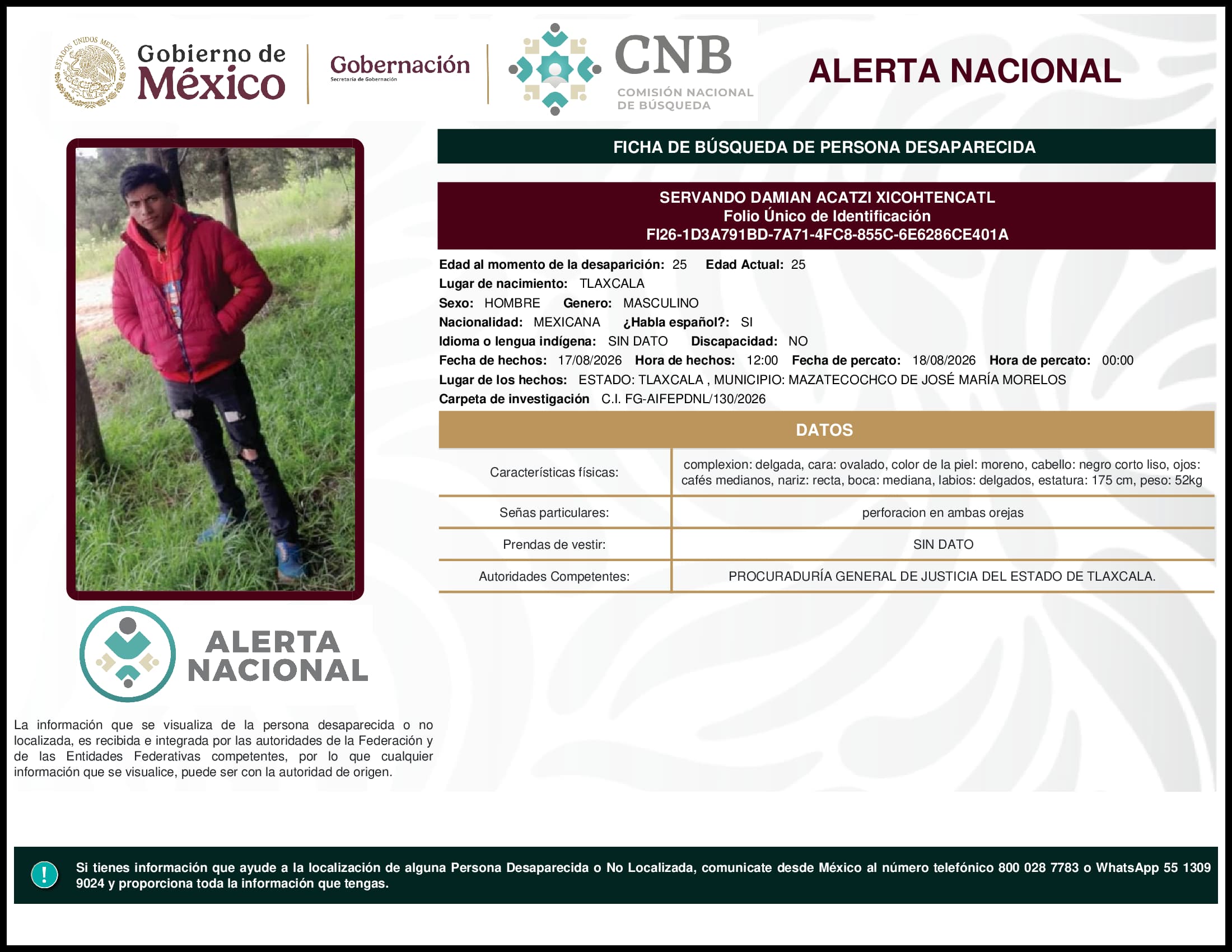 Persona desaparecida Servando Damian Acatzi Xicohtencatl