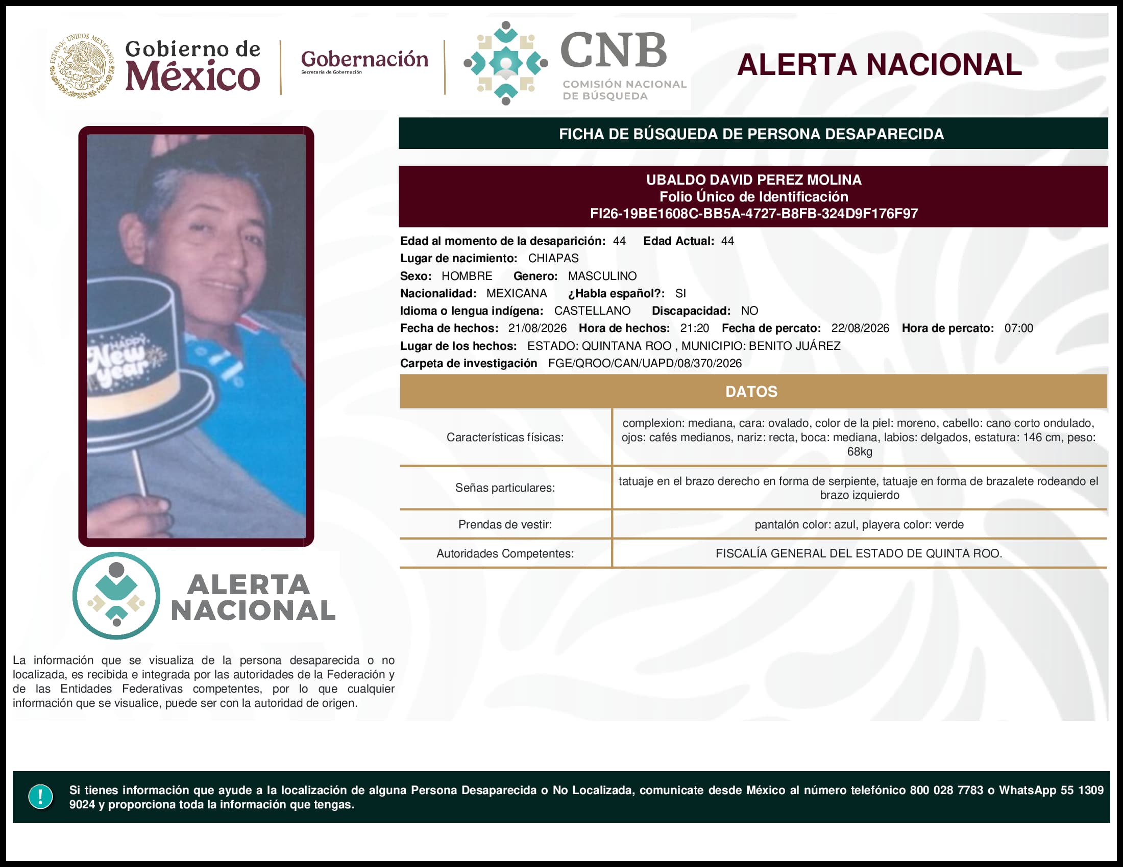 Persona desaparecida Ubaldo David Perez Molina