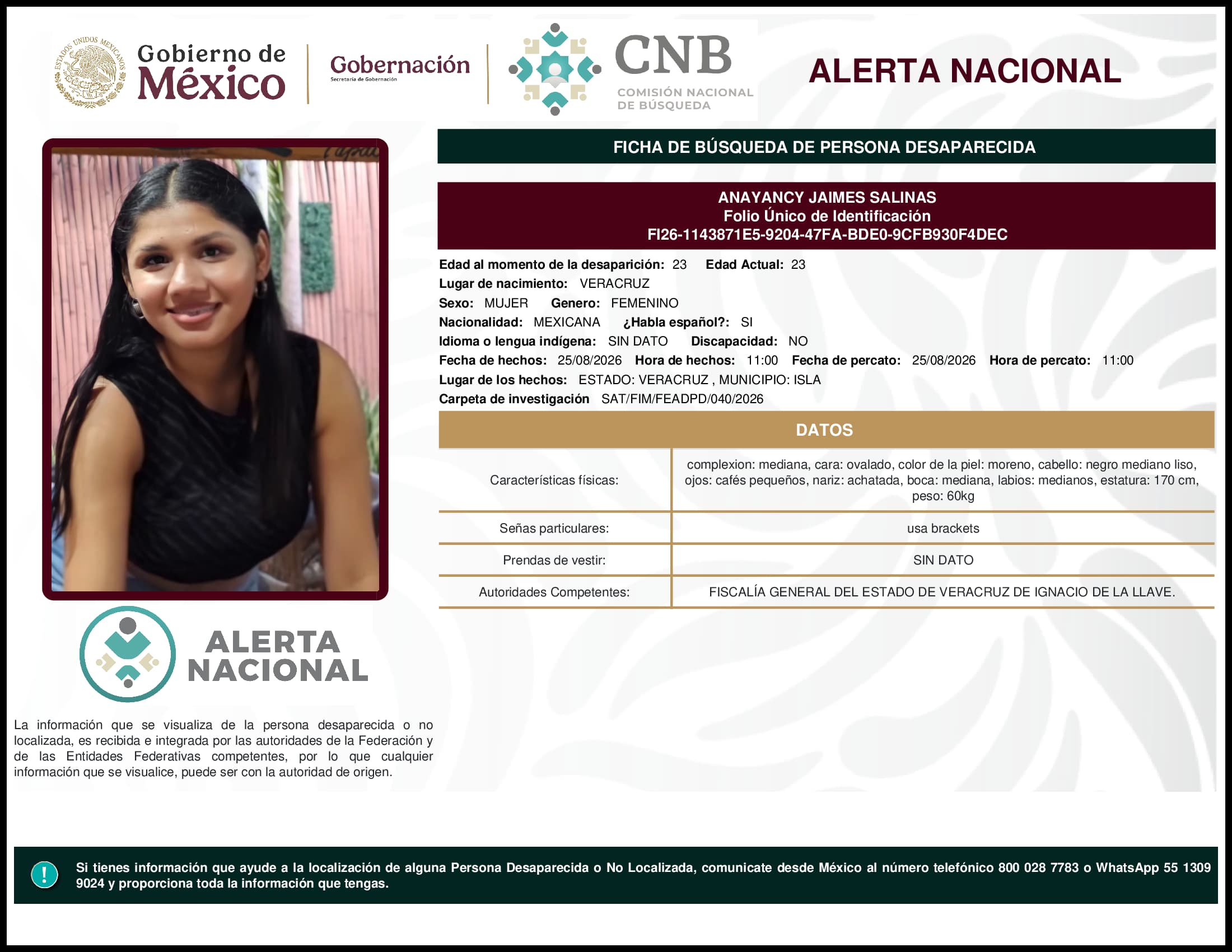 Persona desaparecida  Anayancy Jaimes Salinas 