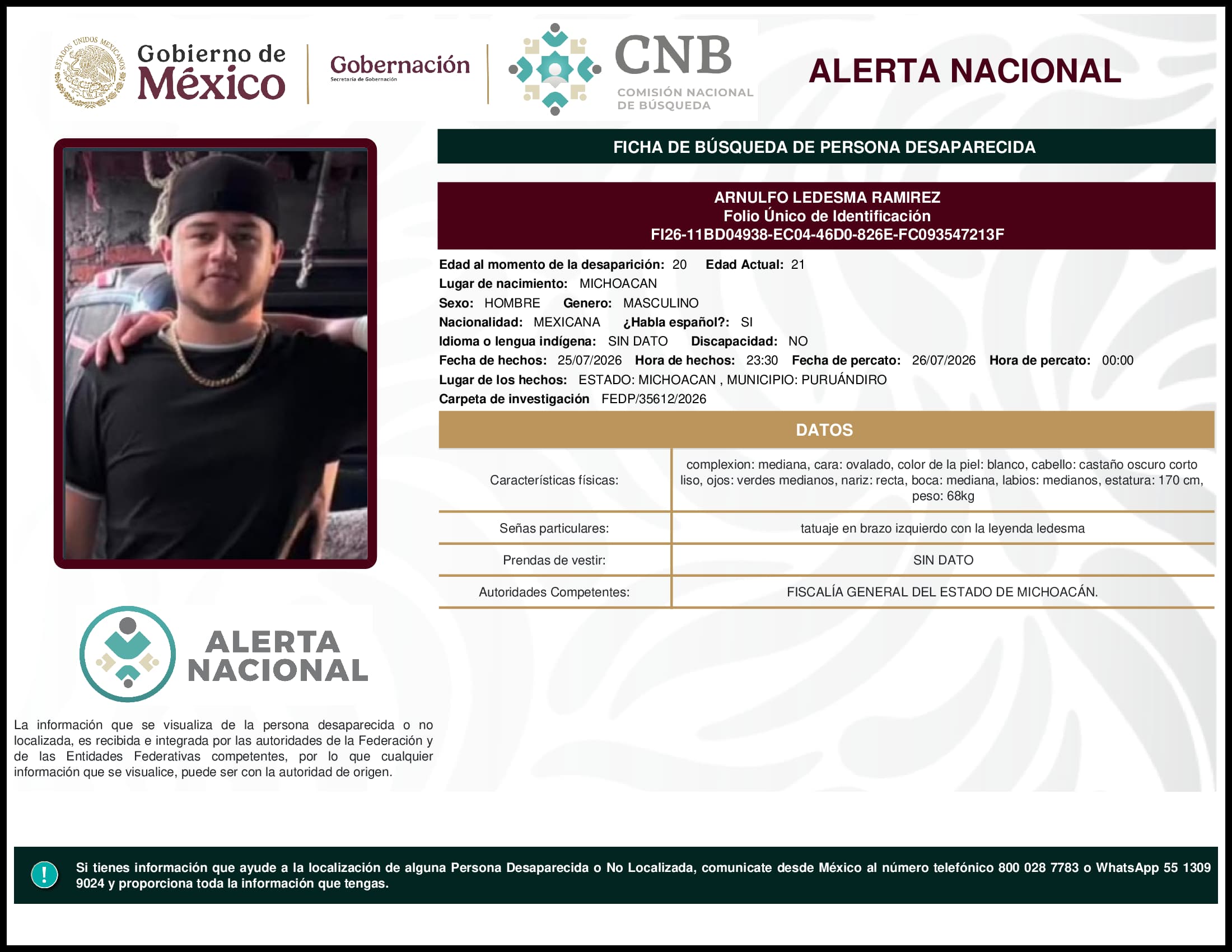Persona desaparecida  Arnulfo Ledesma Ramirez 