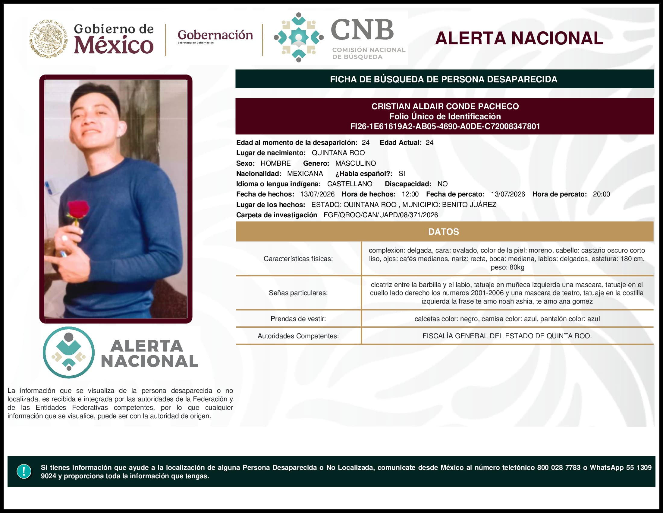 Persona desaparecida  Cristian Aldair Conde Pacheco 