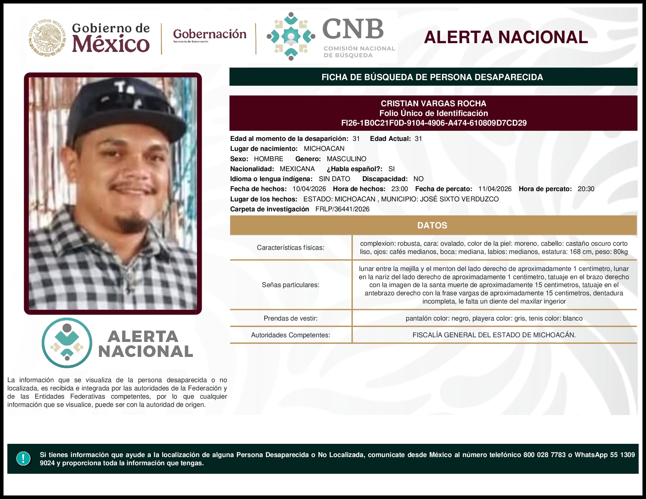 Persona desaparecida  Cristian Vargas Rocha 