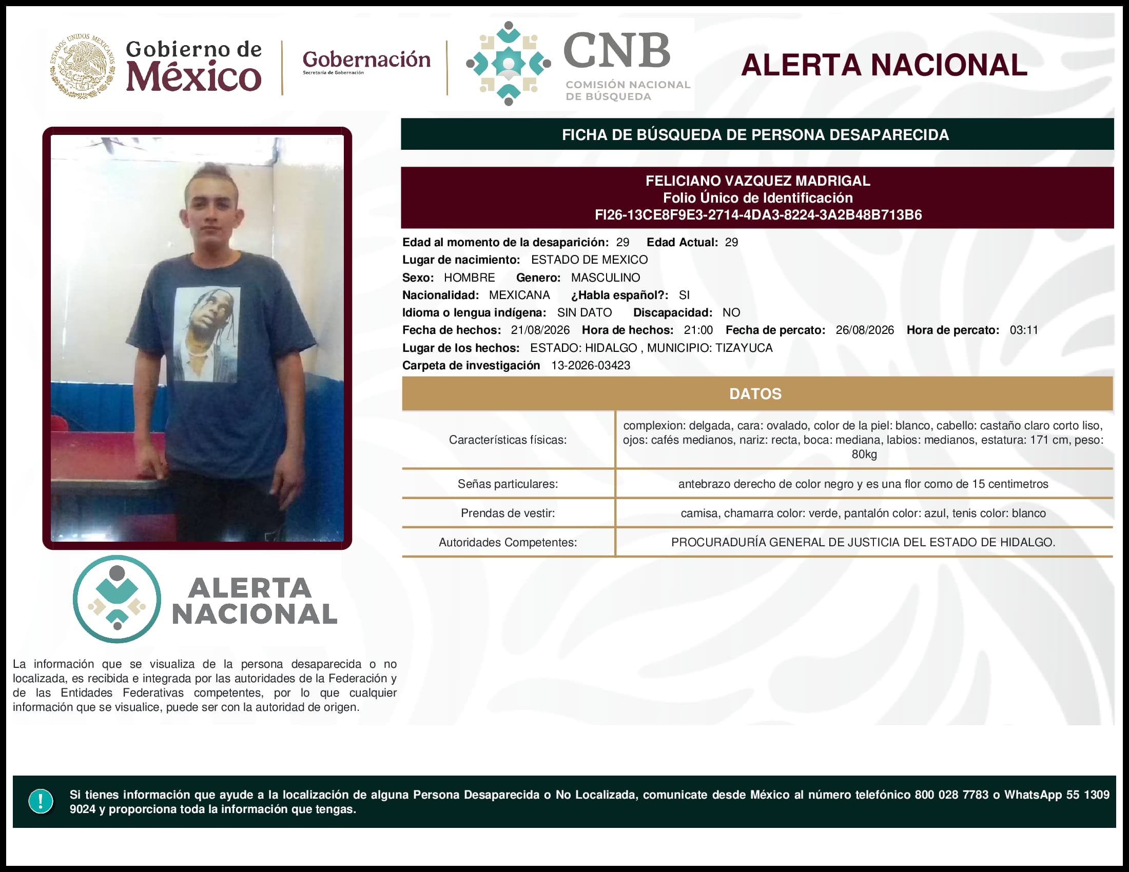 Persona desaparecida  Feliciano Vazquez Madrigal 