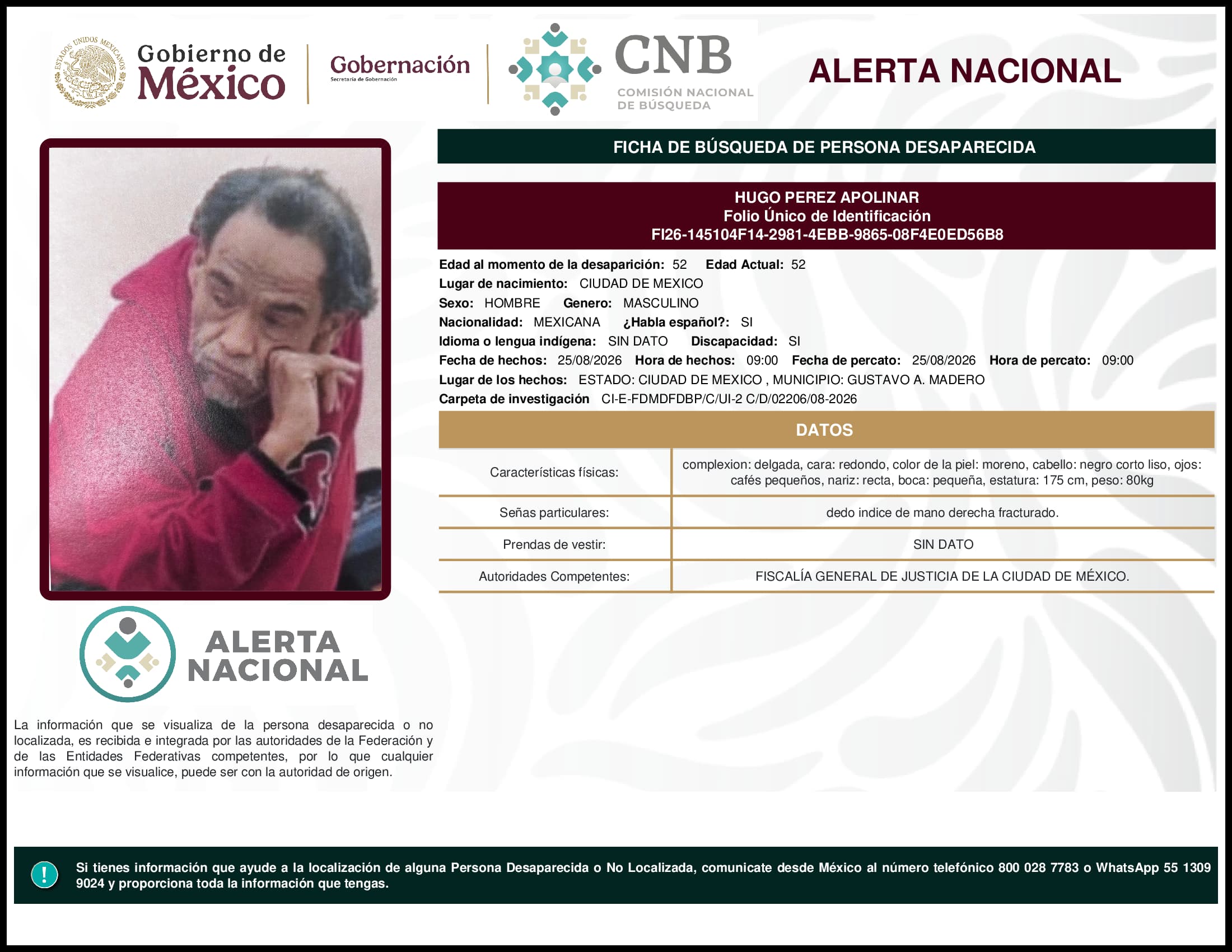 Persona desaparecida  Hugo Perez Apolinar 