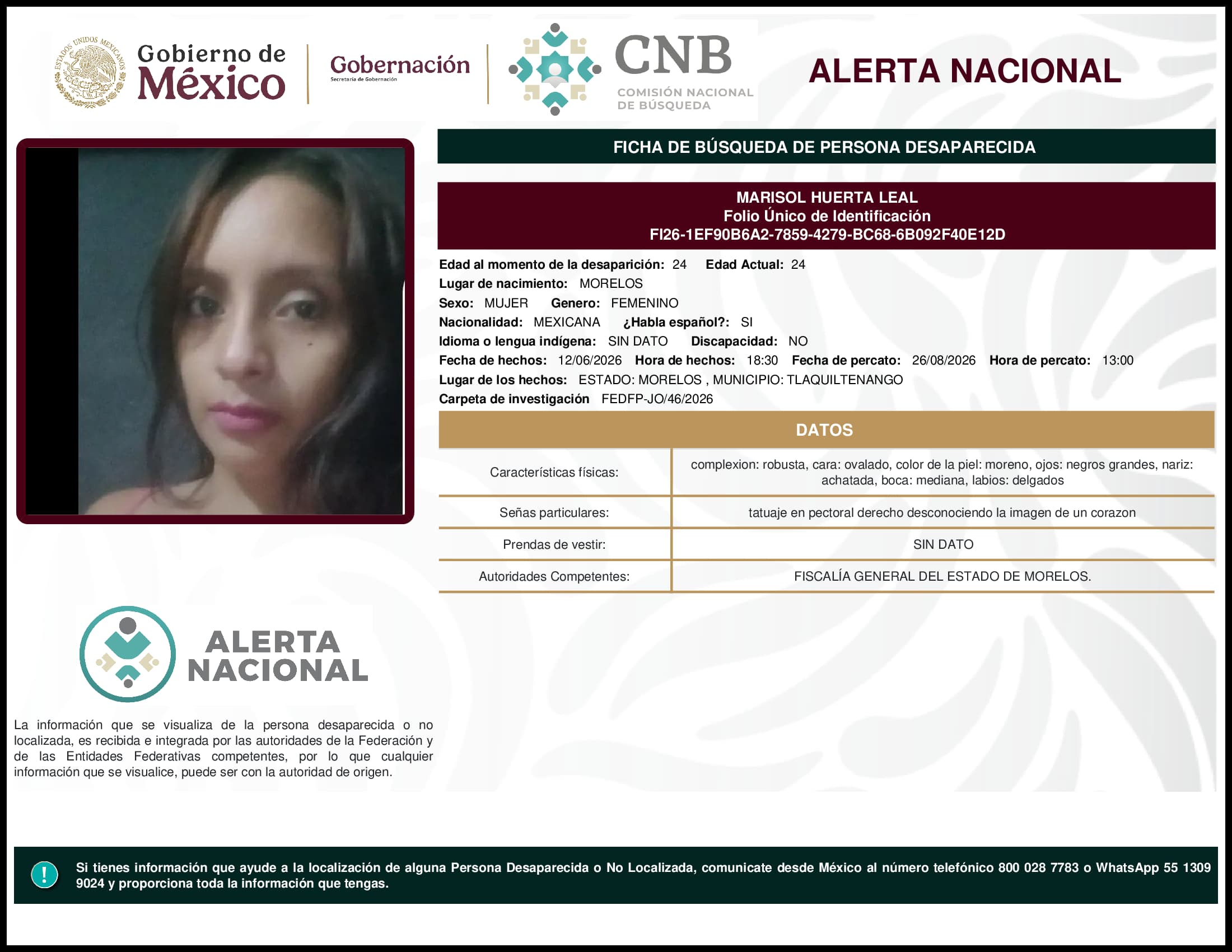 Persona desaparecida  Marisol Huerta Leal 