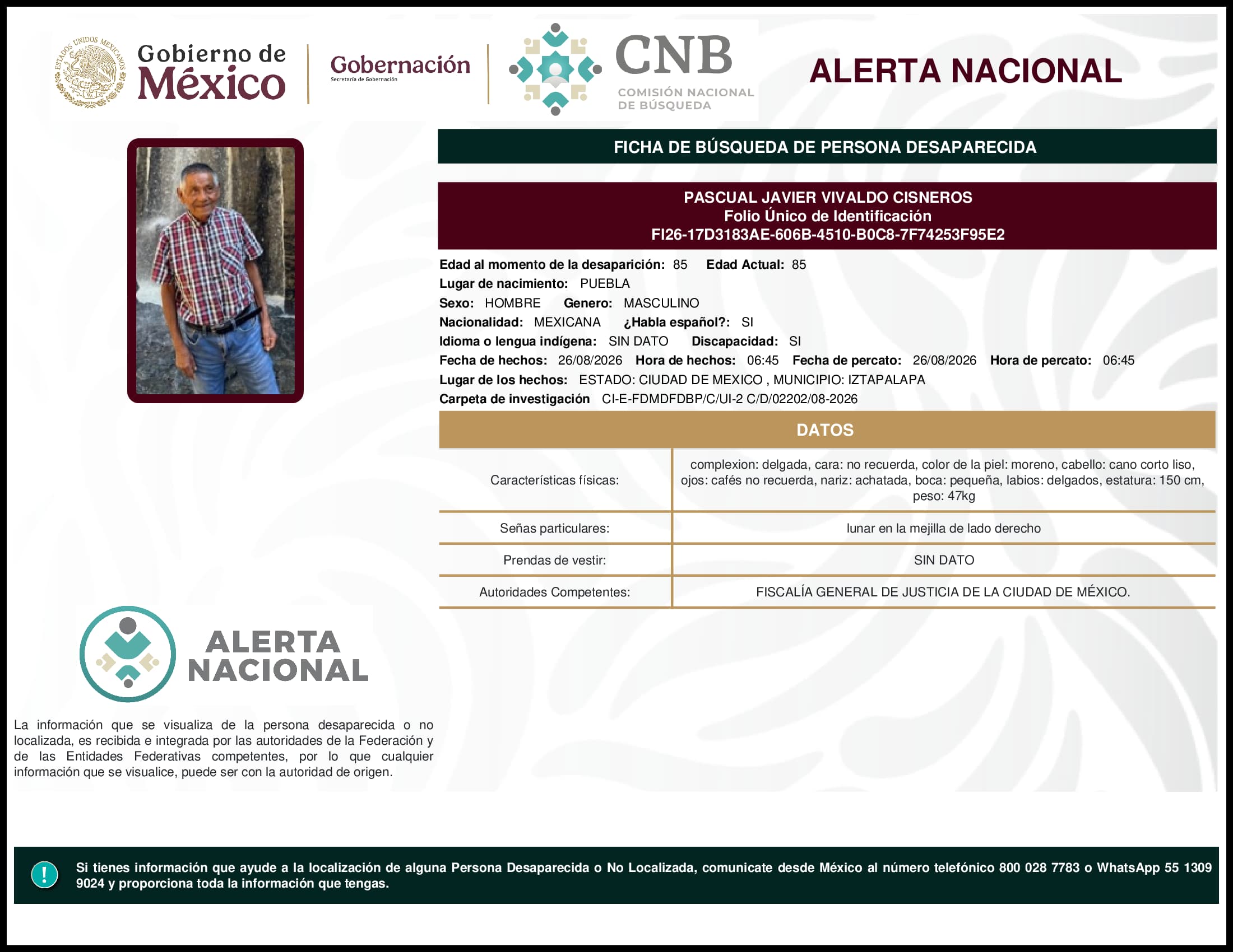 Persona desaparecida  Pascual Javier Vivaldo Cisneros 