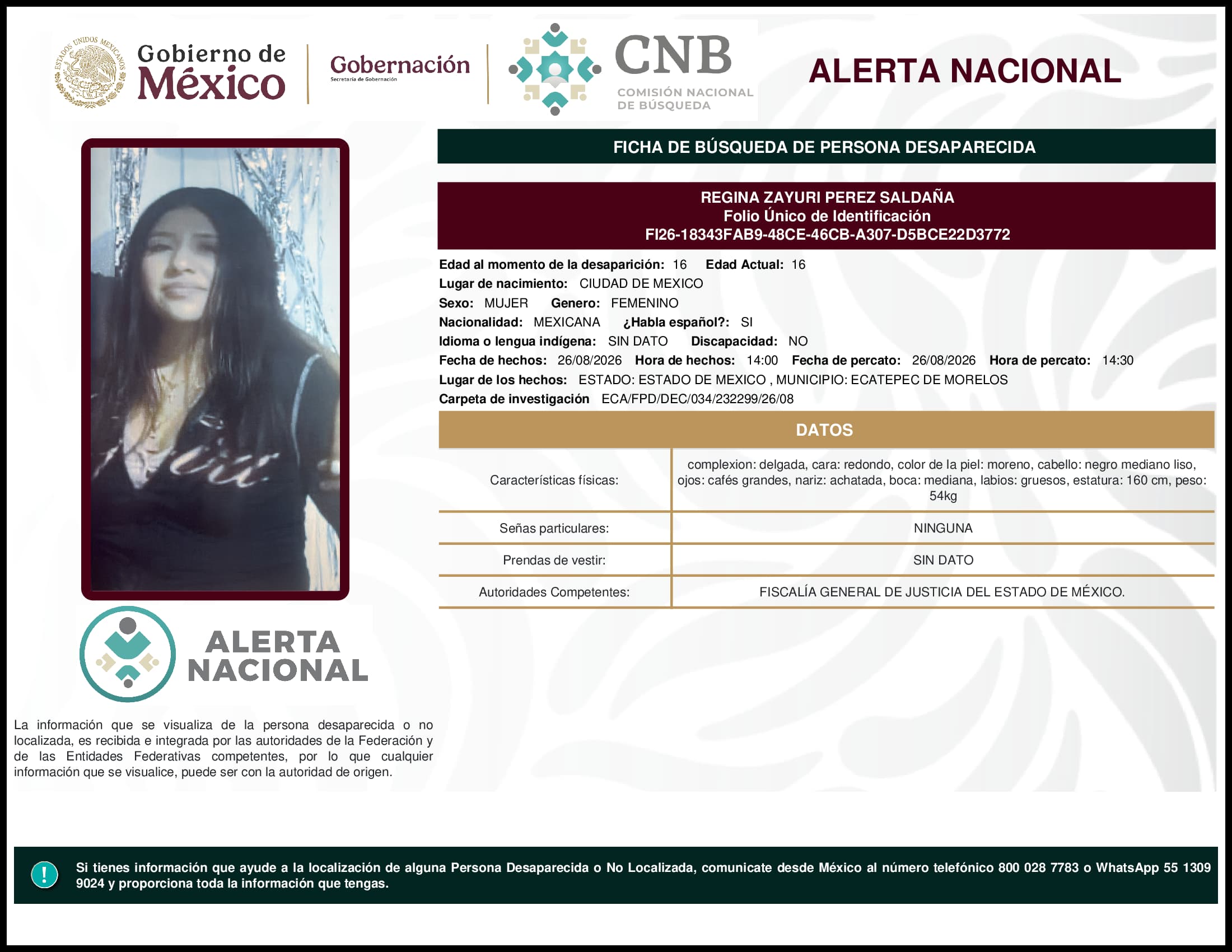 Persona desaparecida  Regina Zayuri Perez Saldana 