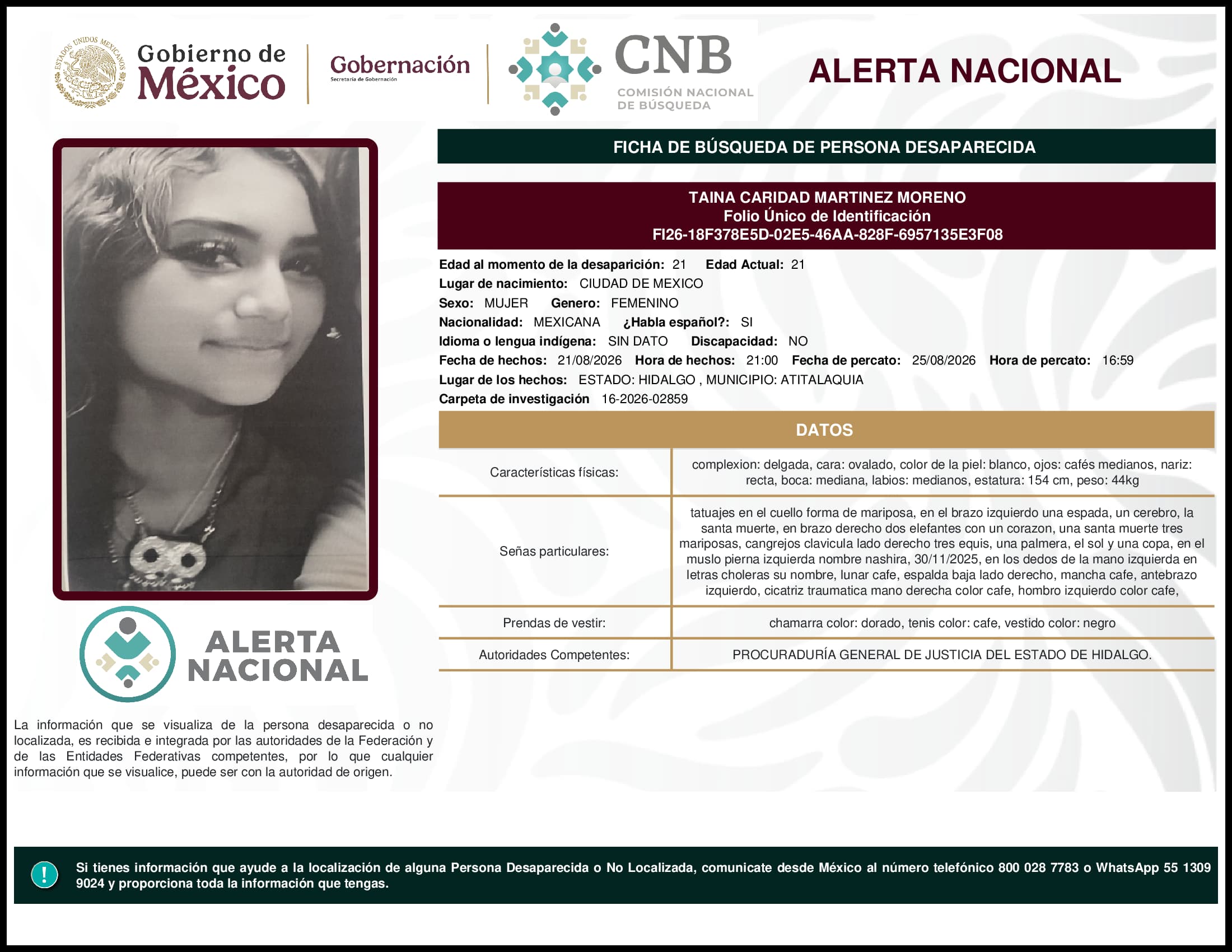 Persona desaparecida  Taina Caridad Martinez Moreno 