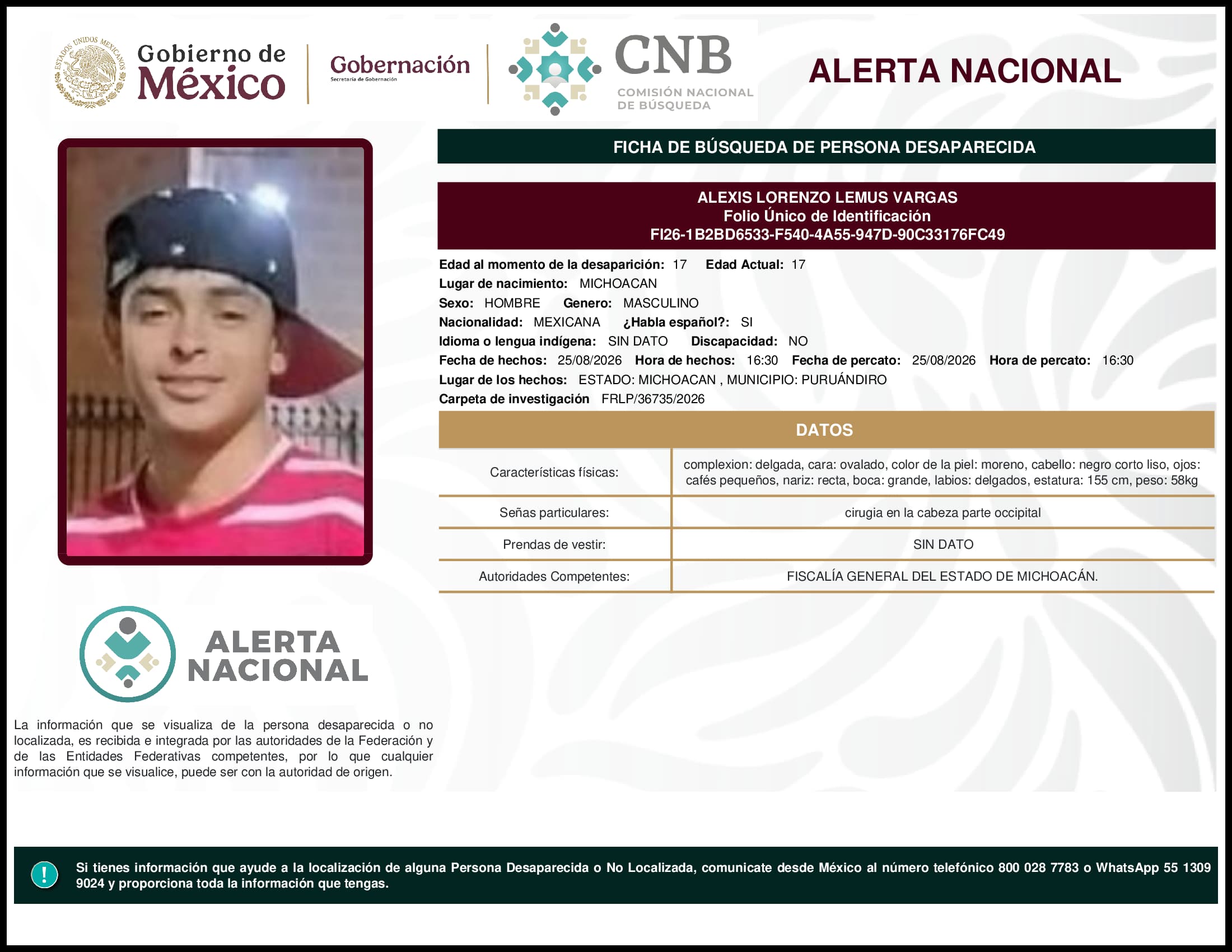 Persona desaparecida  Alexis  Lorenzo  Lemus  Vargas 