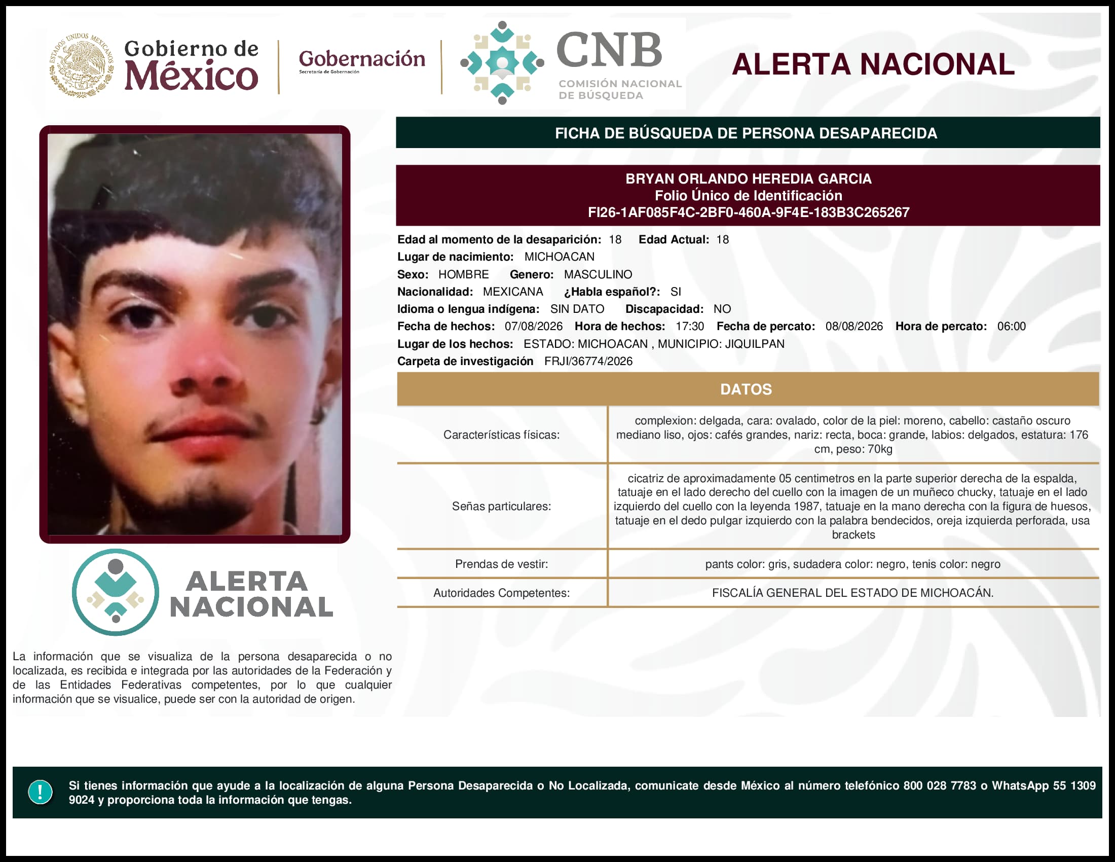 Persona desaparecida  Bryan  Orlando  Heredia  Garcia 