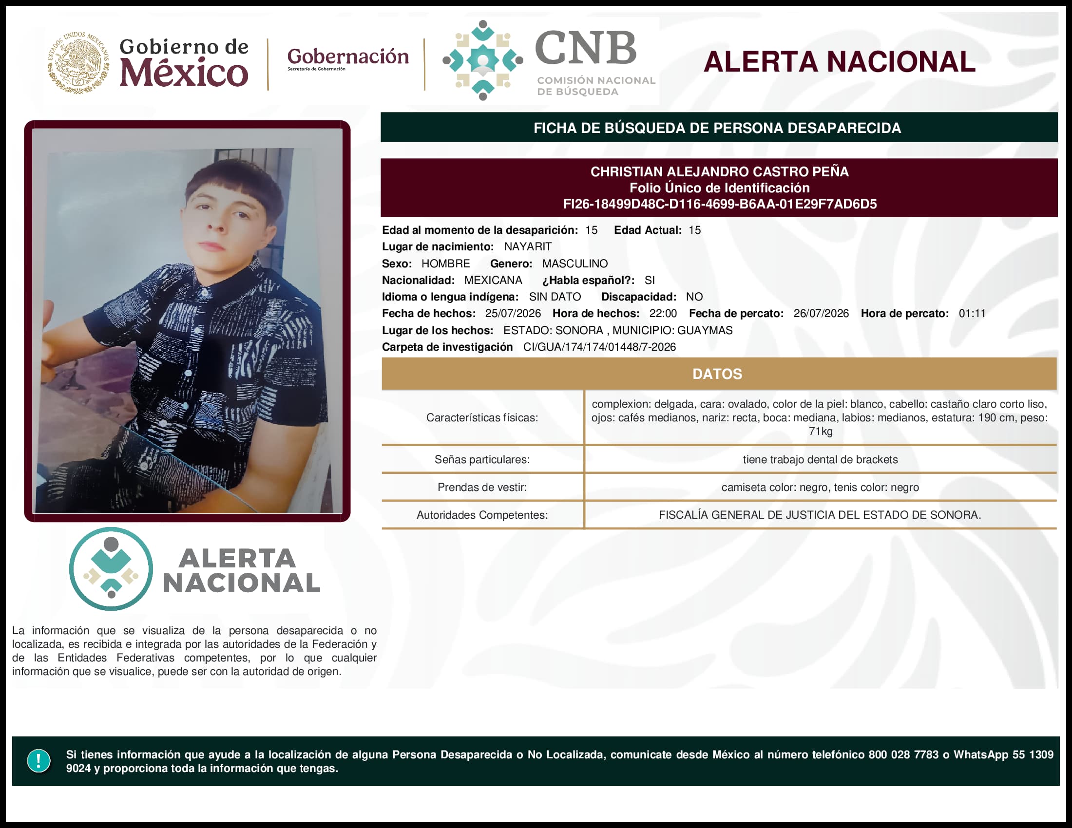 Persona desaparecida  Christian  Alejandro  Castro  Pena 