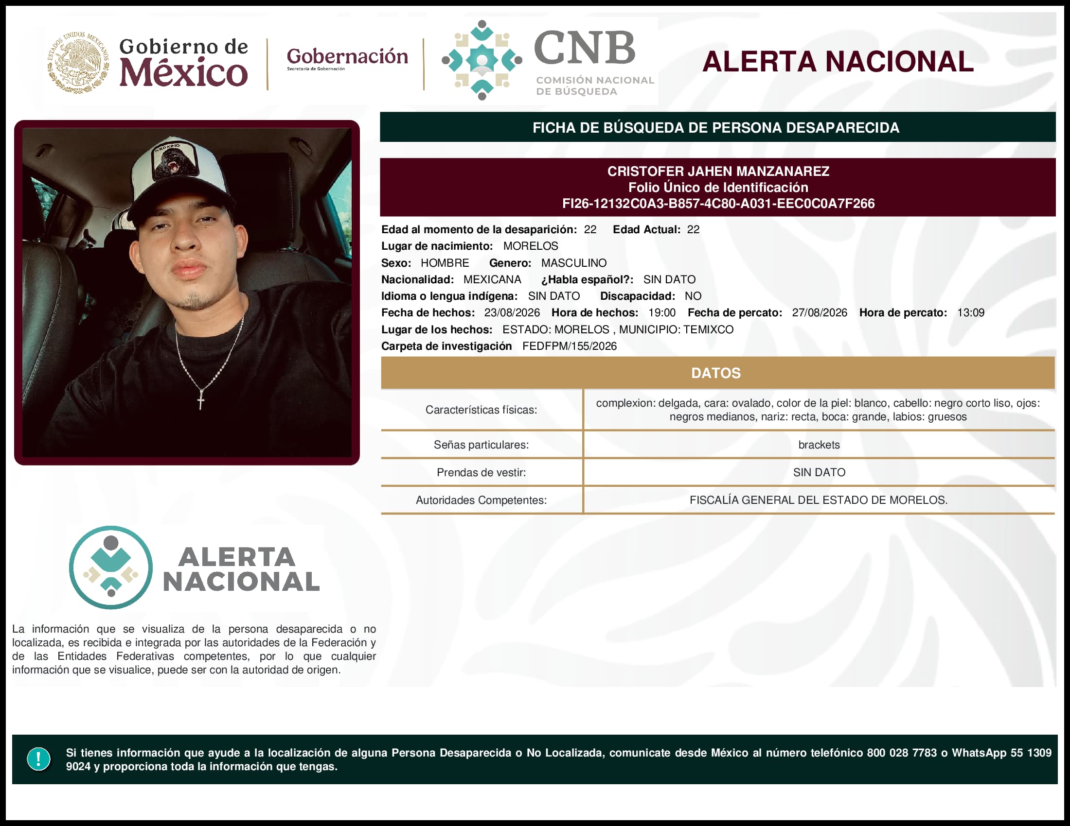 Persona desaparecida  Cristofer  Jahen  Manzanarez 