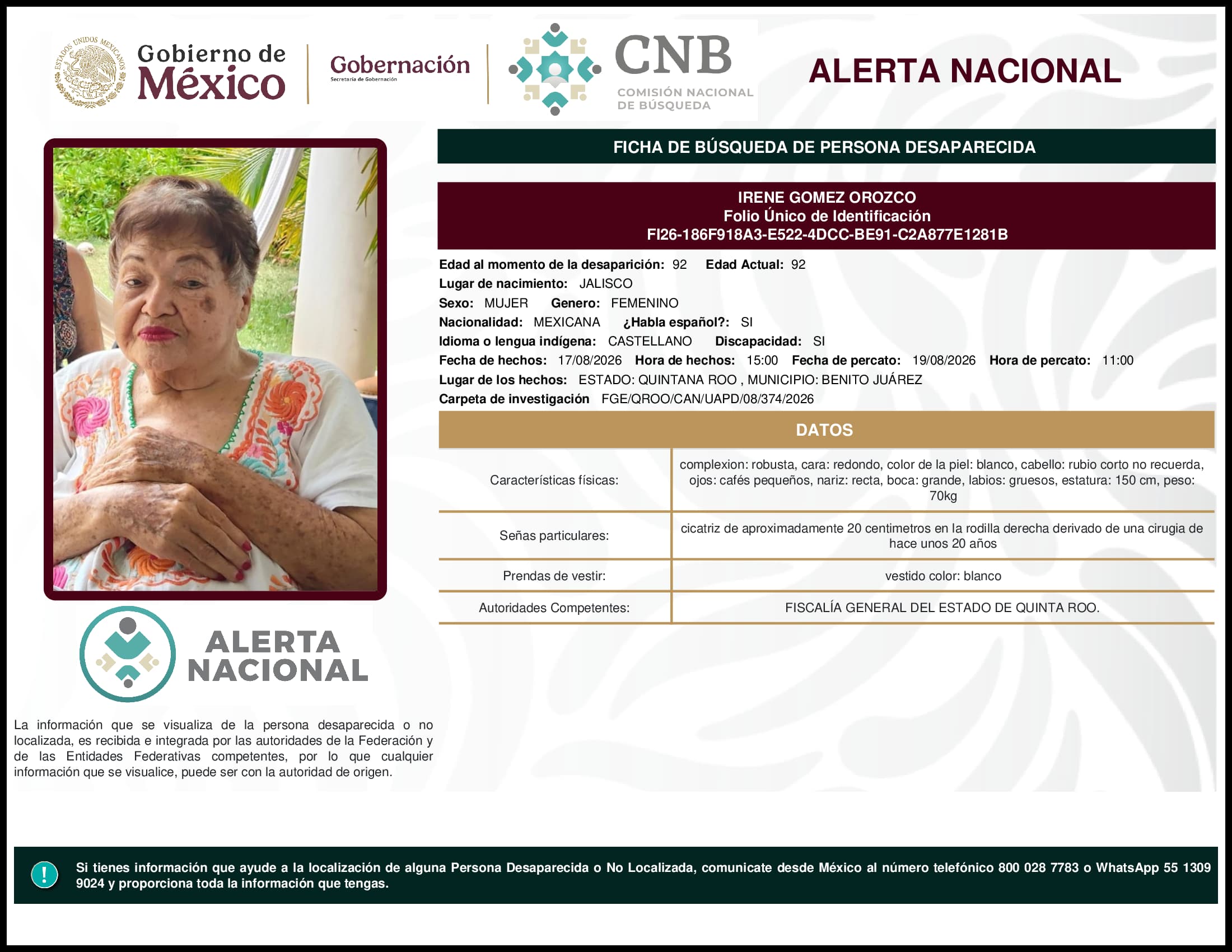 Persona desaparecida  Irene  Gomez  Orozco 