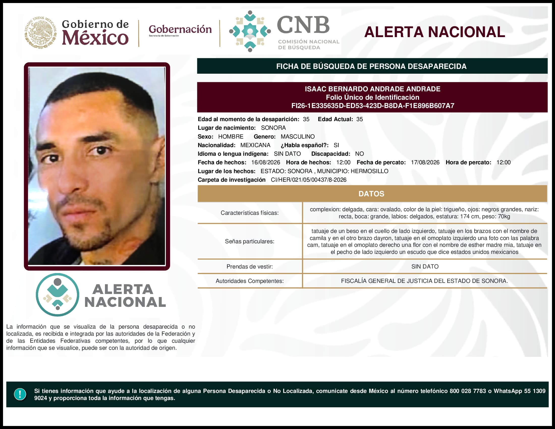 Persona desaparecida  Isaac  Bernardo  Andrade  Andrade 