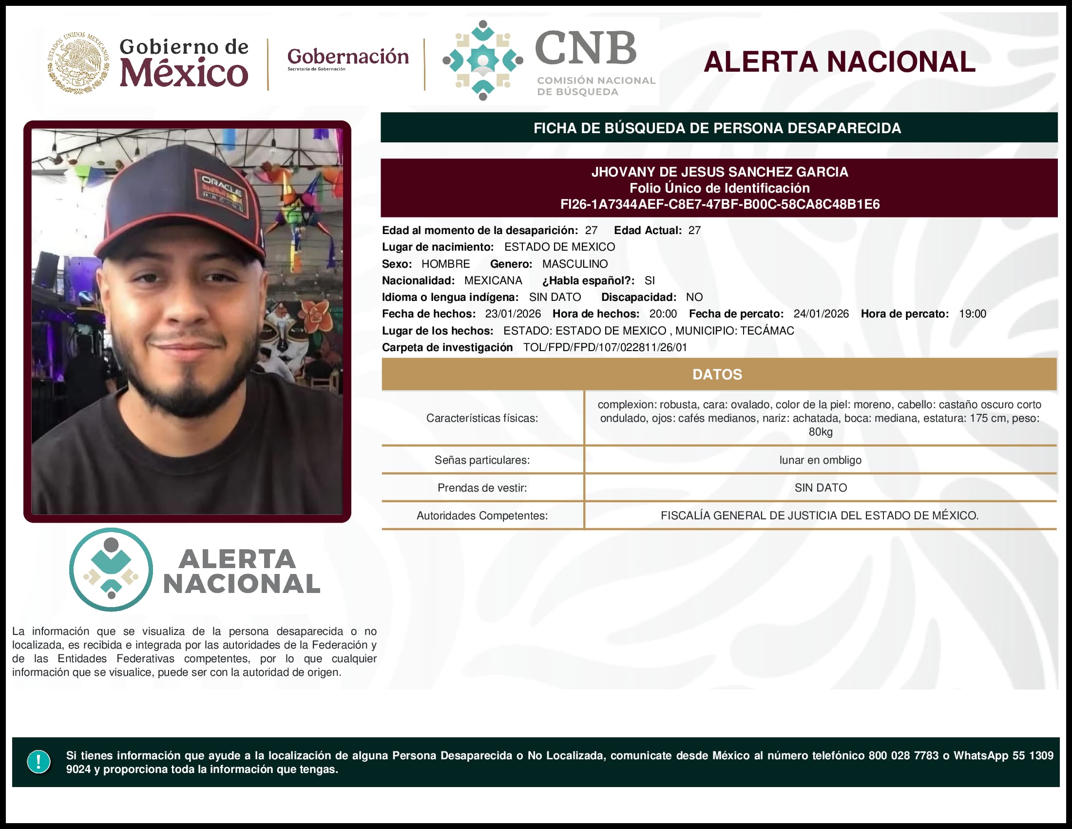 Persona desaparecida  Jhovany  De  Jesus  Sanchez  Garcia 