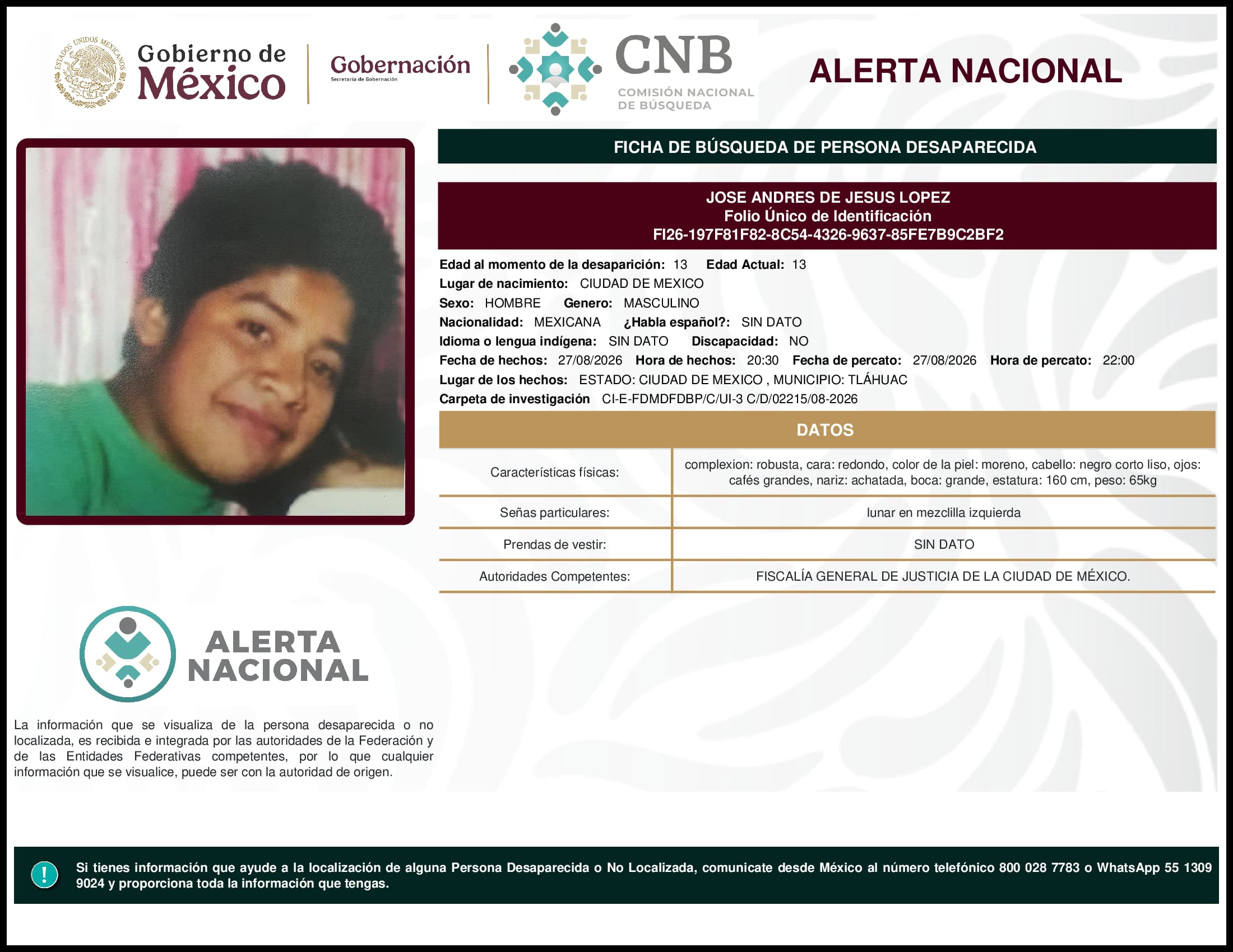 Persona desaparecida  Jose  Andres  De  Jesus  Lopez 