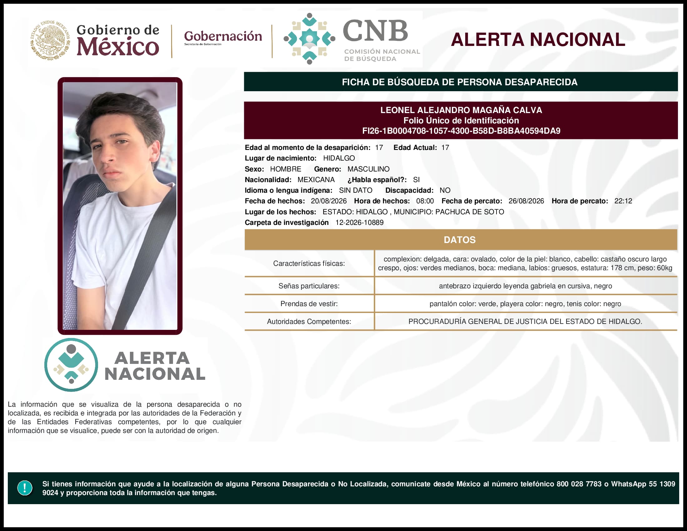Persona desaparecida  Leonel  Alejandro  Magana  Calva  