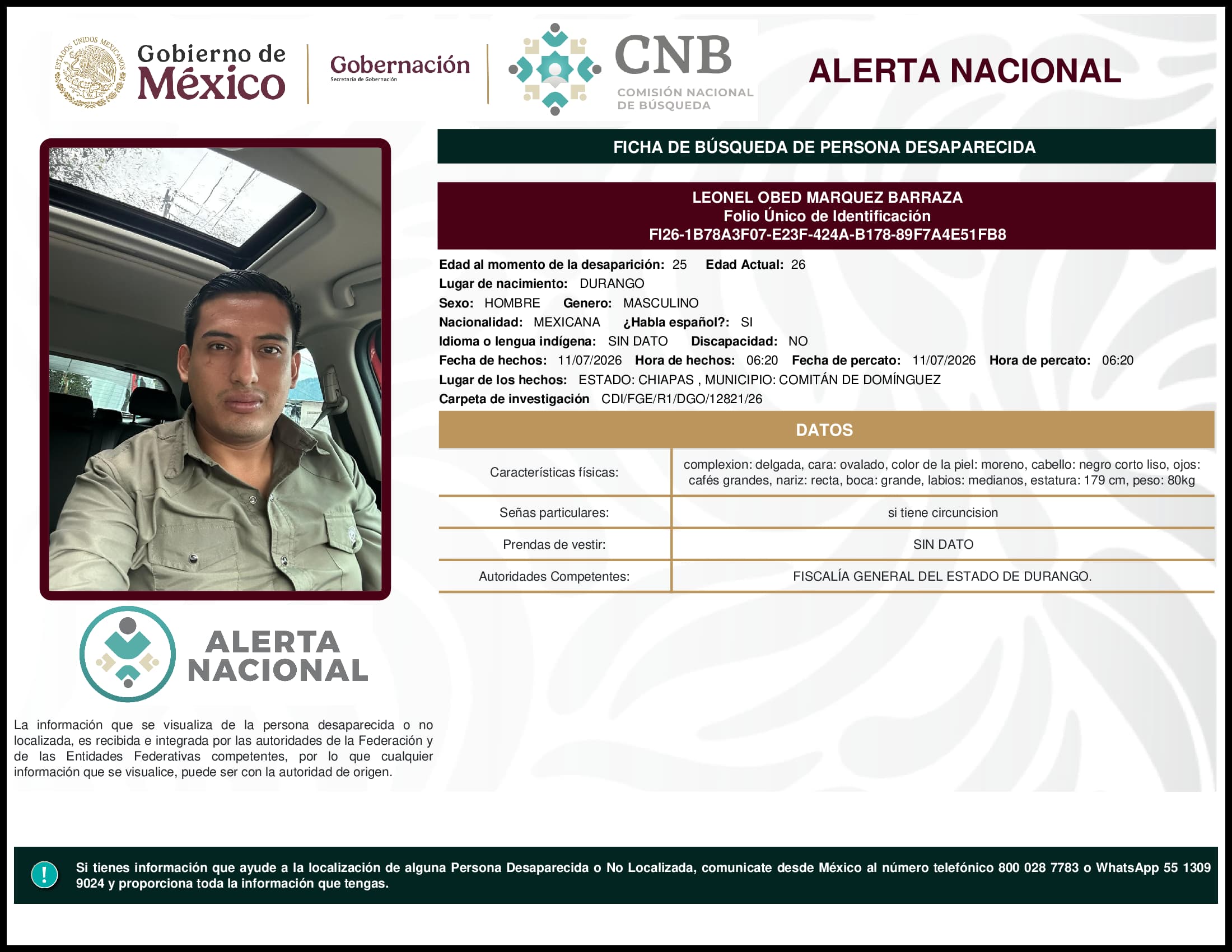 Persona desaparecida  Leonel  Obed  Marquez  Barraza 
