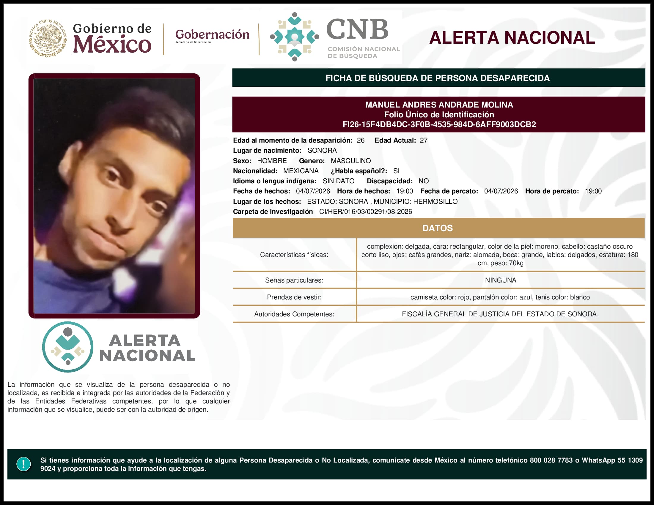 Persona desaparecida  Manuel  Andres  Andrade  Molina 