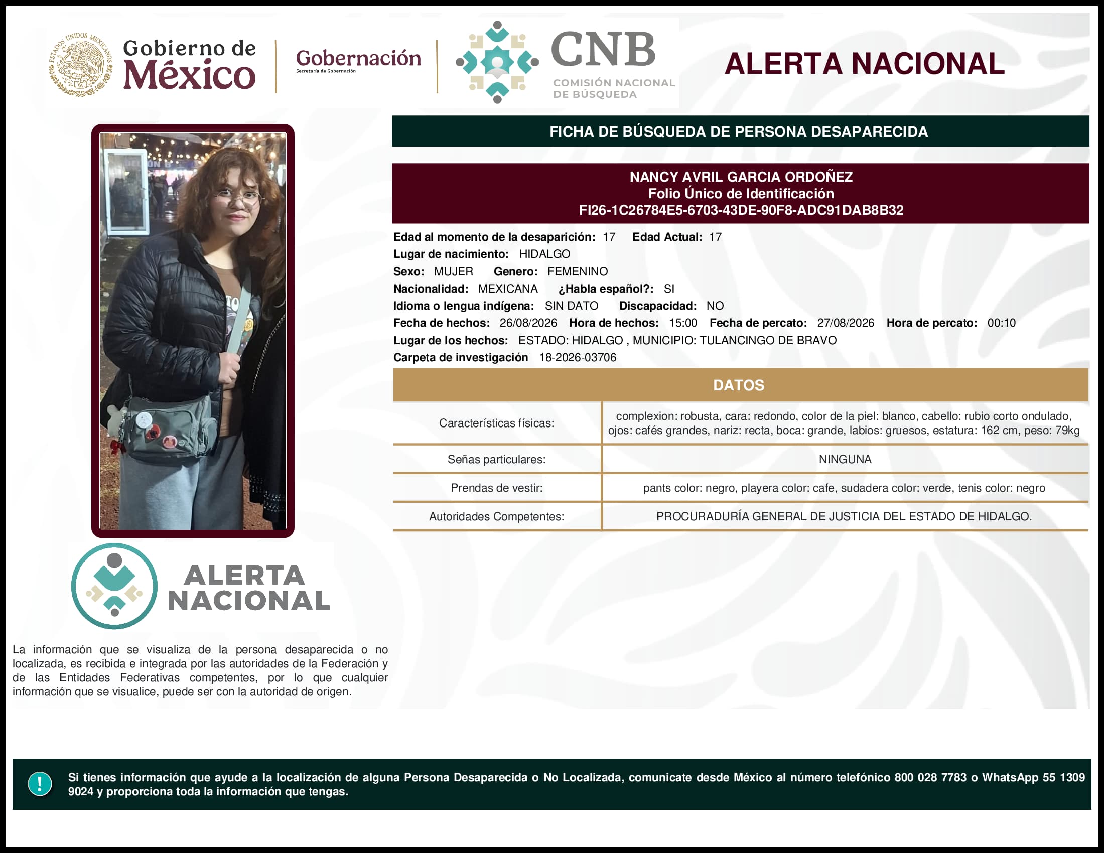 Persona desaparecida  Nancy  Avril  Garcia  Ordonez 