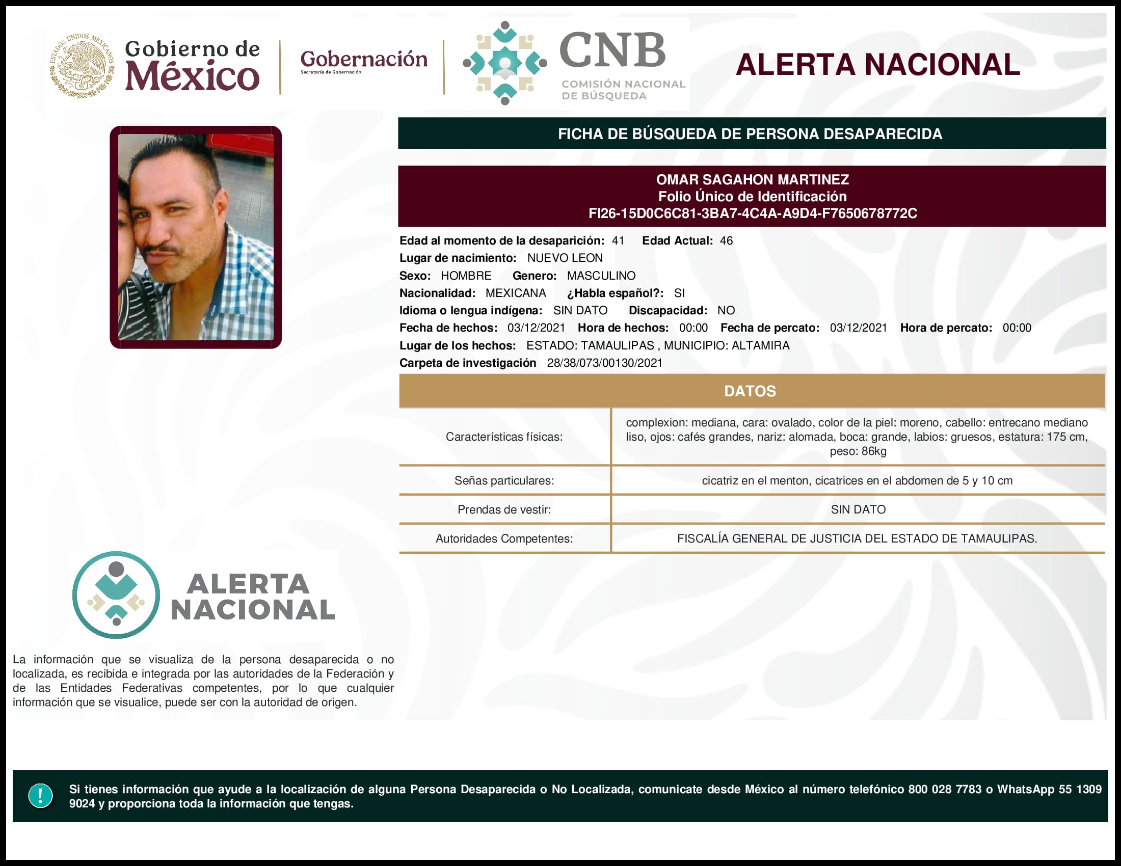 Persona desaparecida  Omar  Sagahon  Martinez 