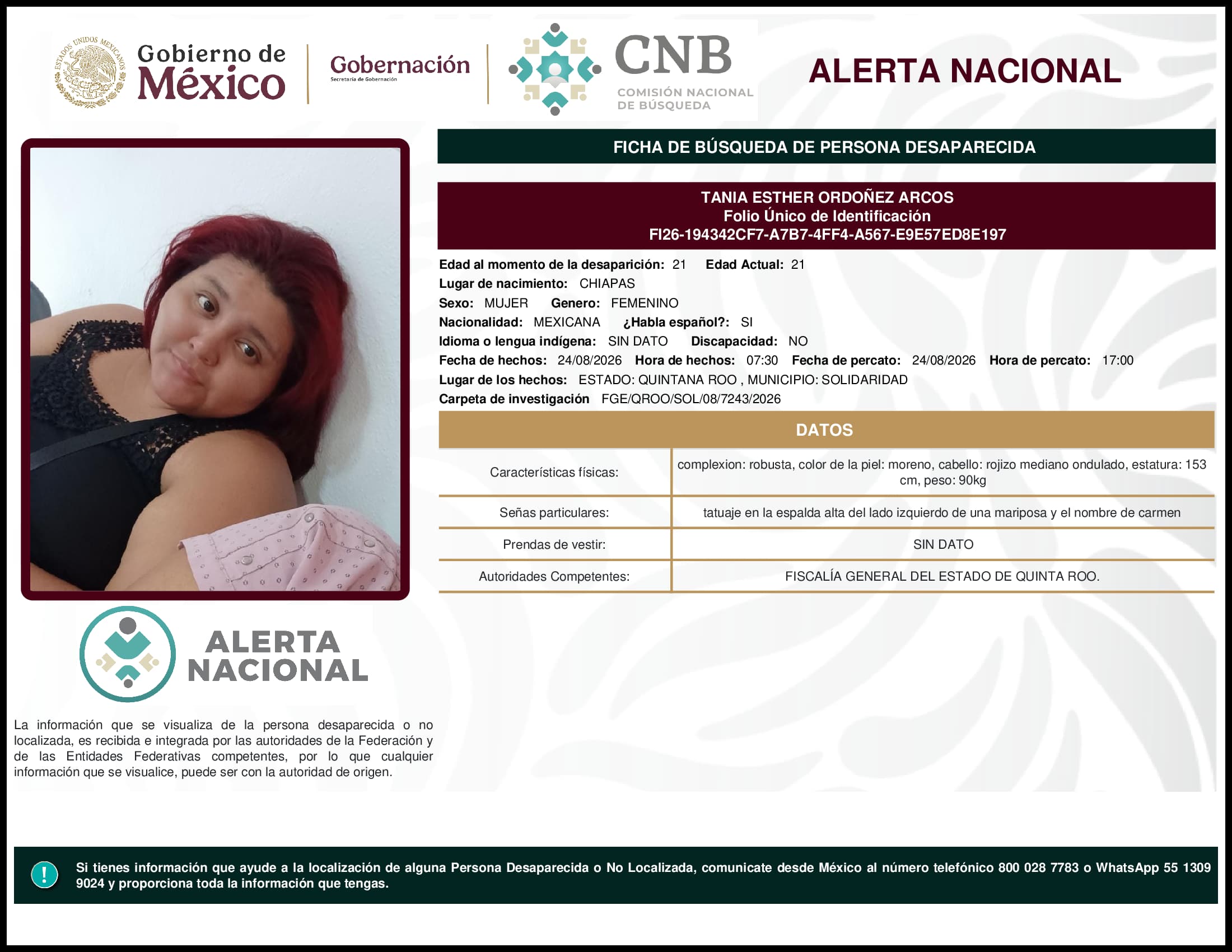 Persona desaparecida  Tania  Esther  Ordonez  Arcos 