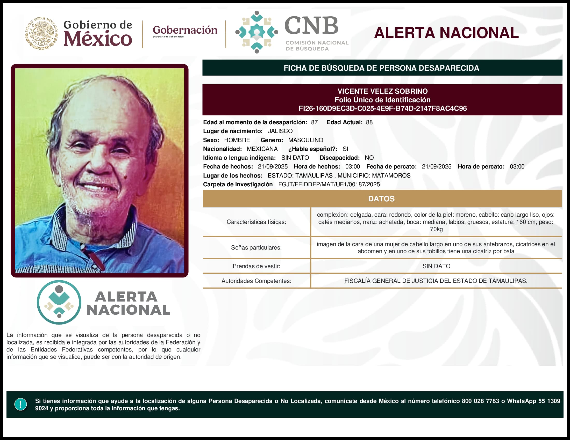 Persona desaparecida  Vicente  Velez  Sobrino 