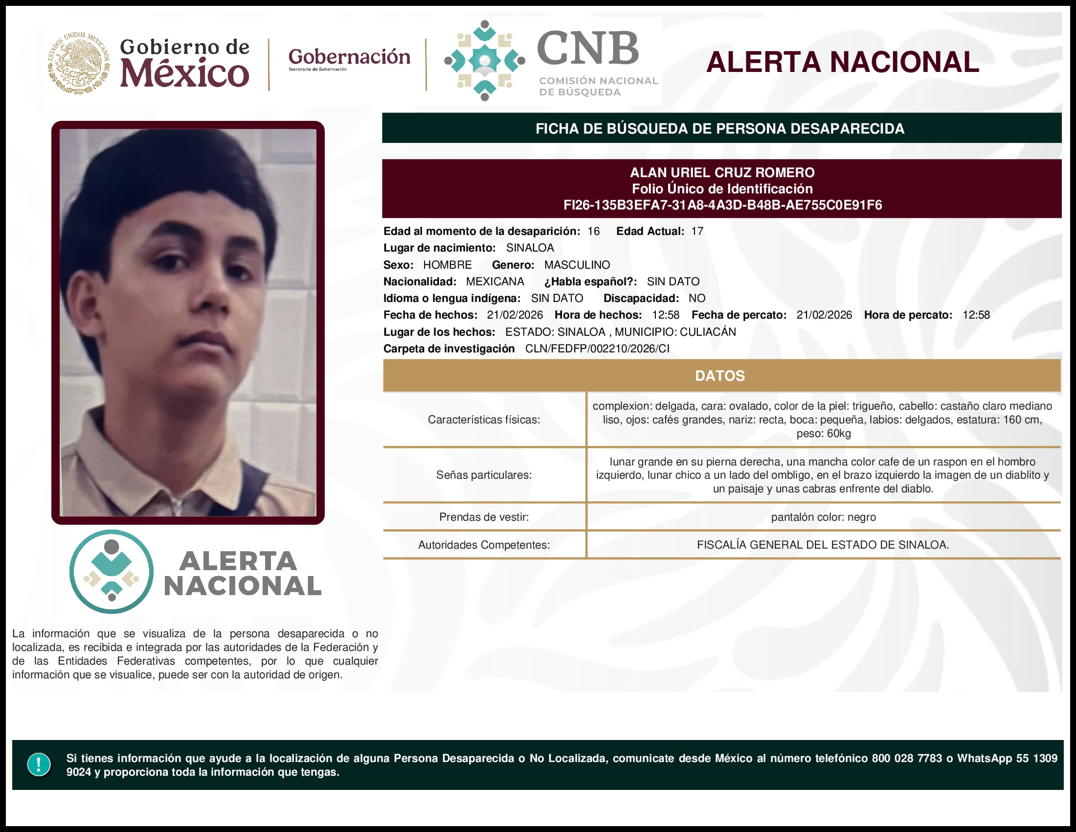 Persona desaparecida Alan Uriel Cruz Romero