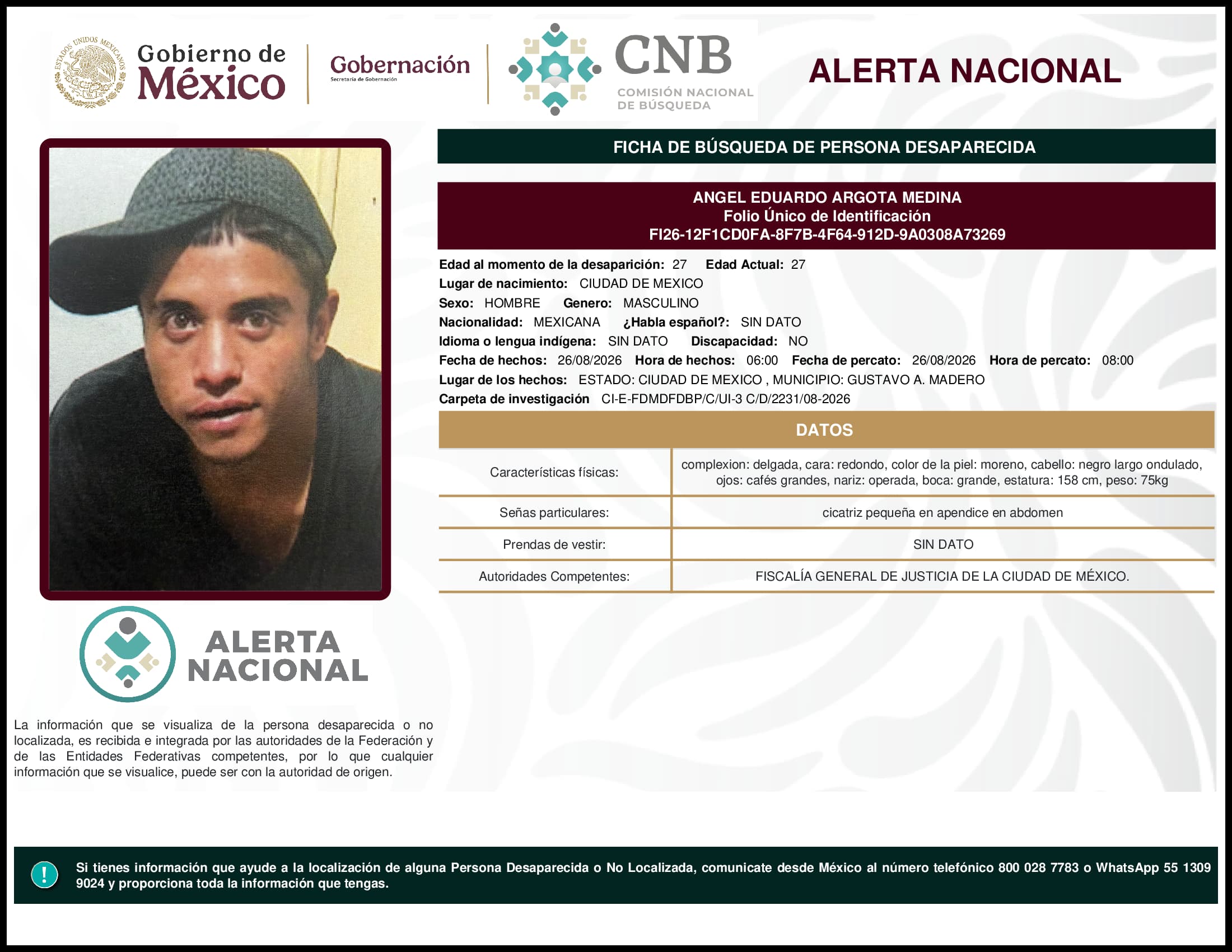 Persona desaparecida Angel Eduardo Argota Medina