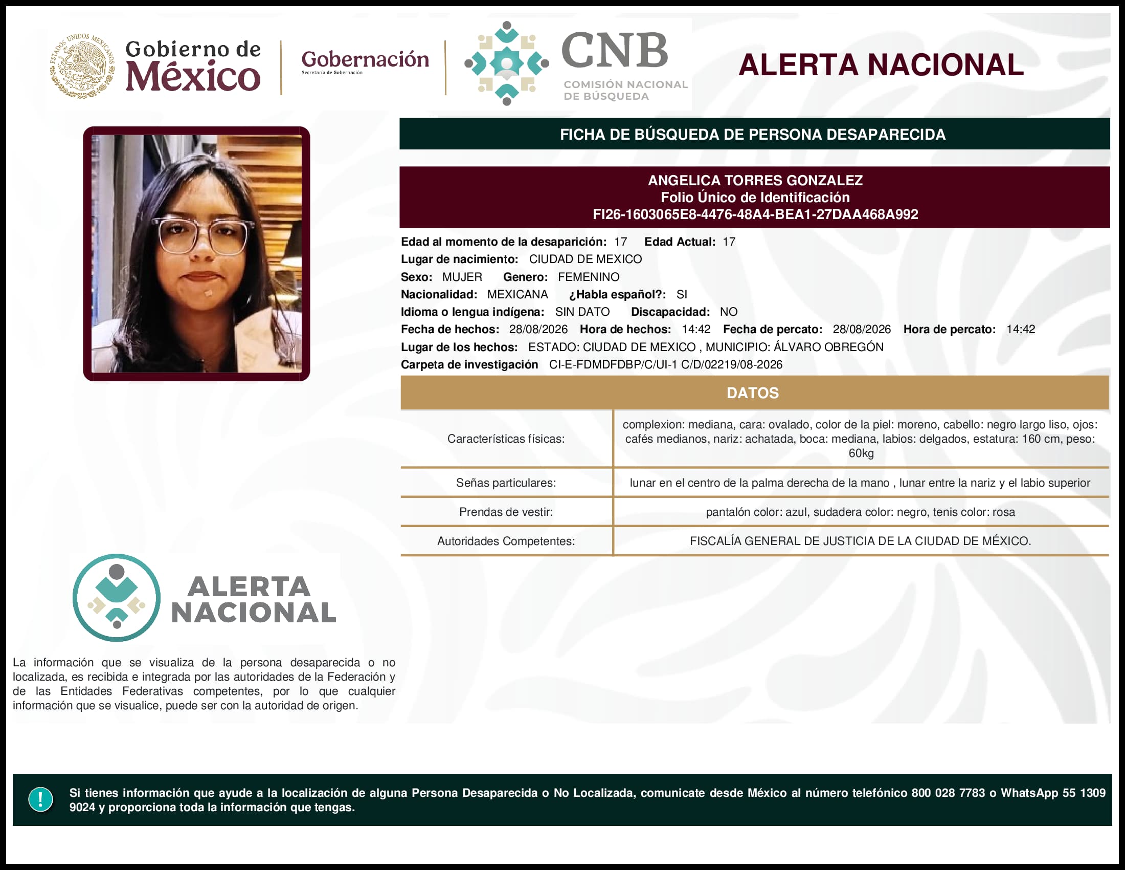 Persona desaparecida Angelica Torres Gonzalez