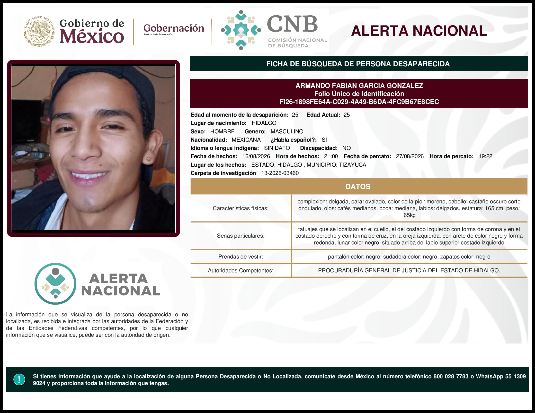 Persona desaparecida Armando Fabian Garcia Gonzalez