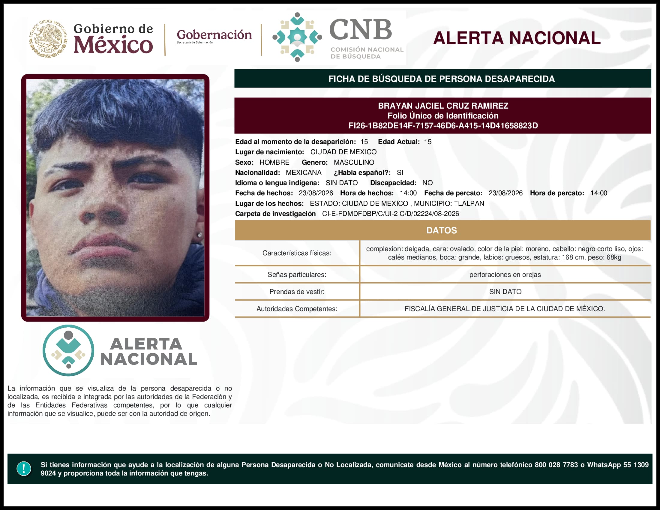 Persona desaparecida Brayan Jaciel Cruz Ramirez