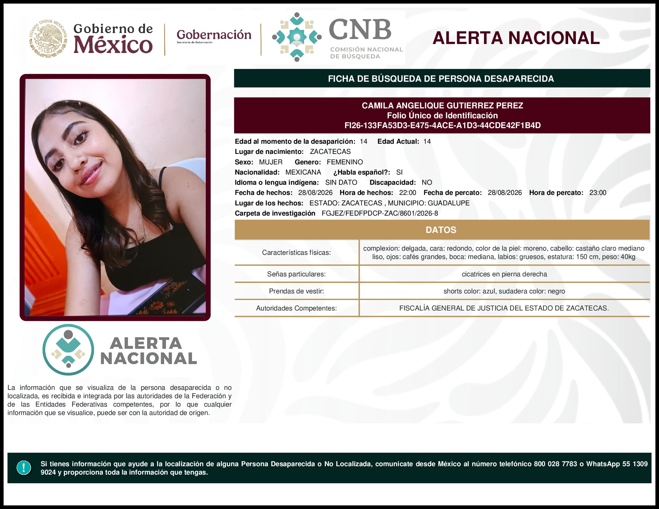 Persona desaparecida Camila Angelique Gutierrez Perez