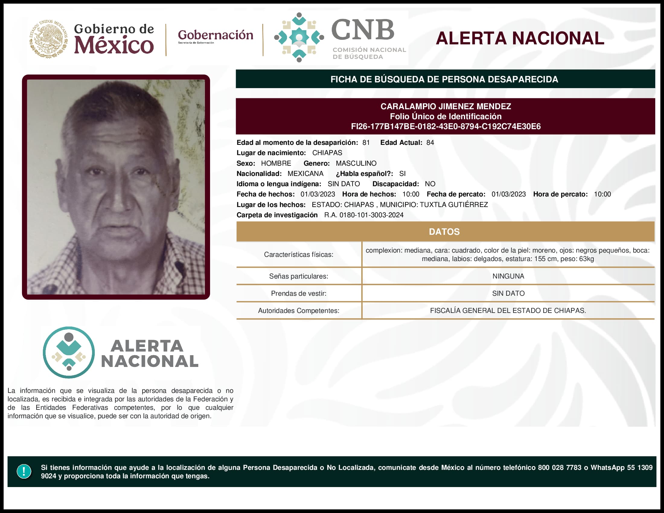 Persona desaparecida Caralampio Jimenez Mendez