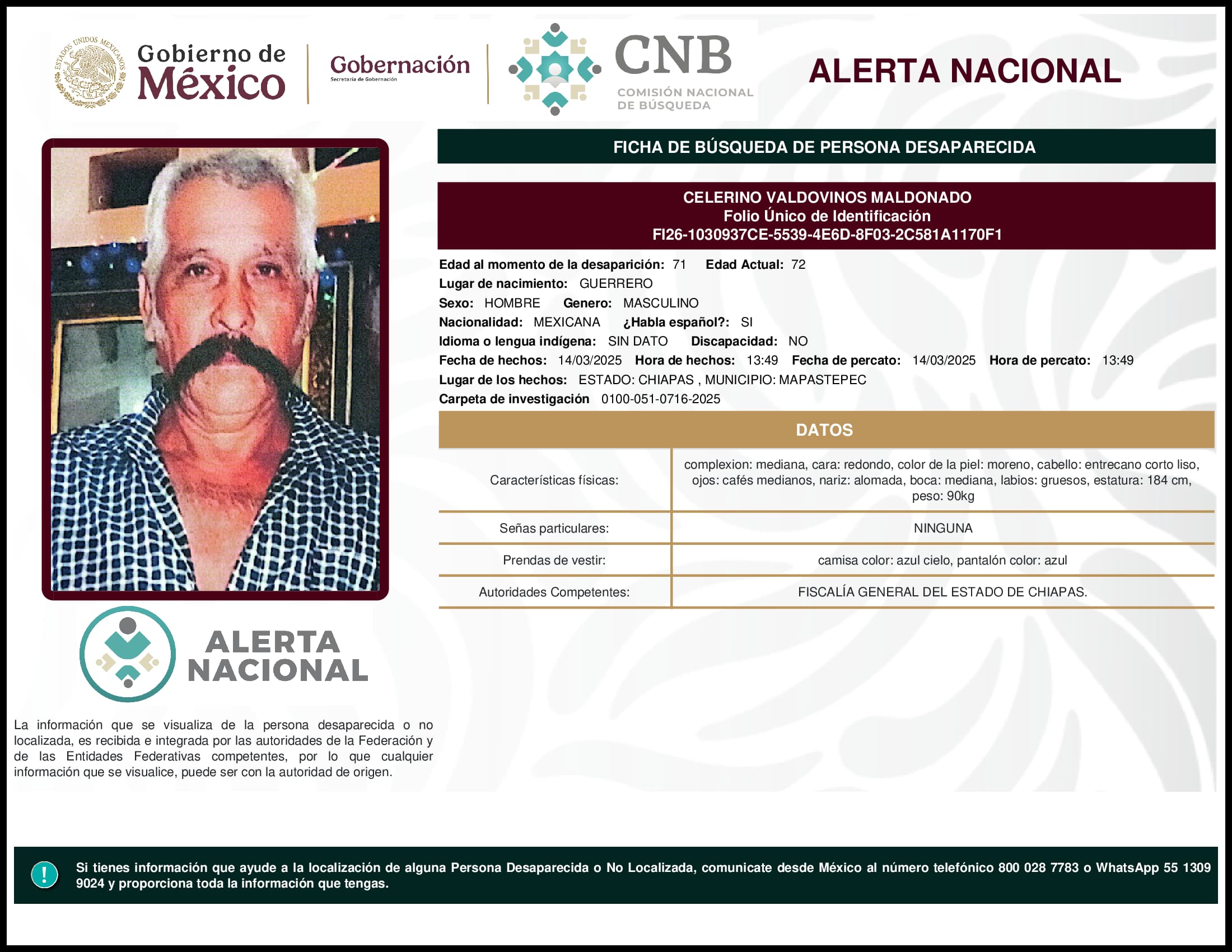 Persona desaparecida Celerino Valdovinos Maldonado