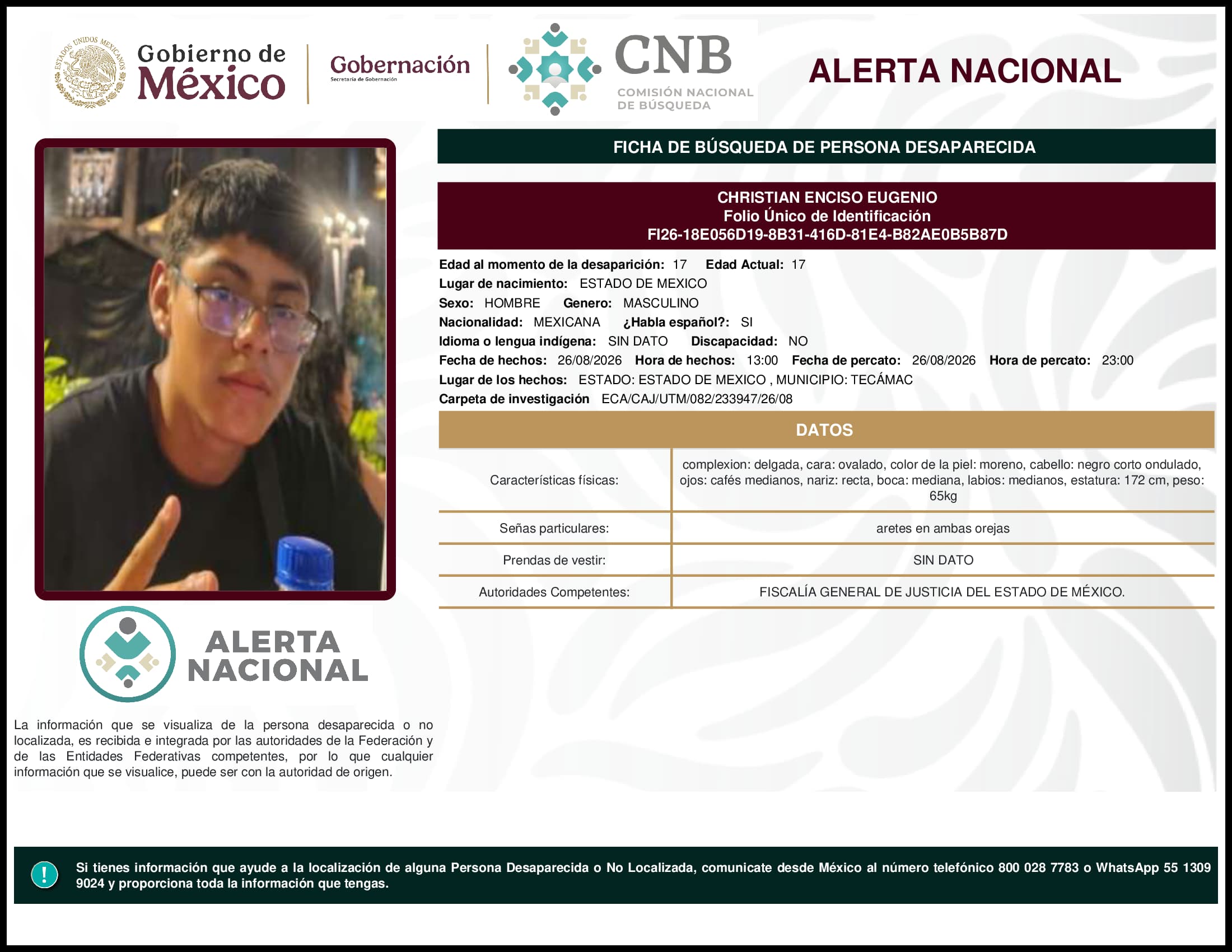 Persona desaparecida Christian Enciso Eugenio