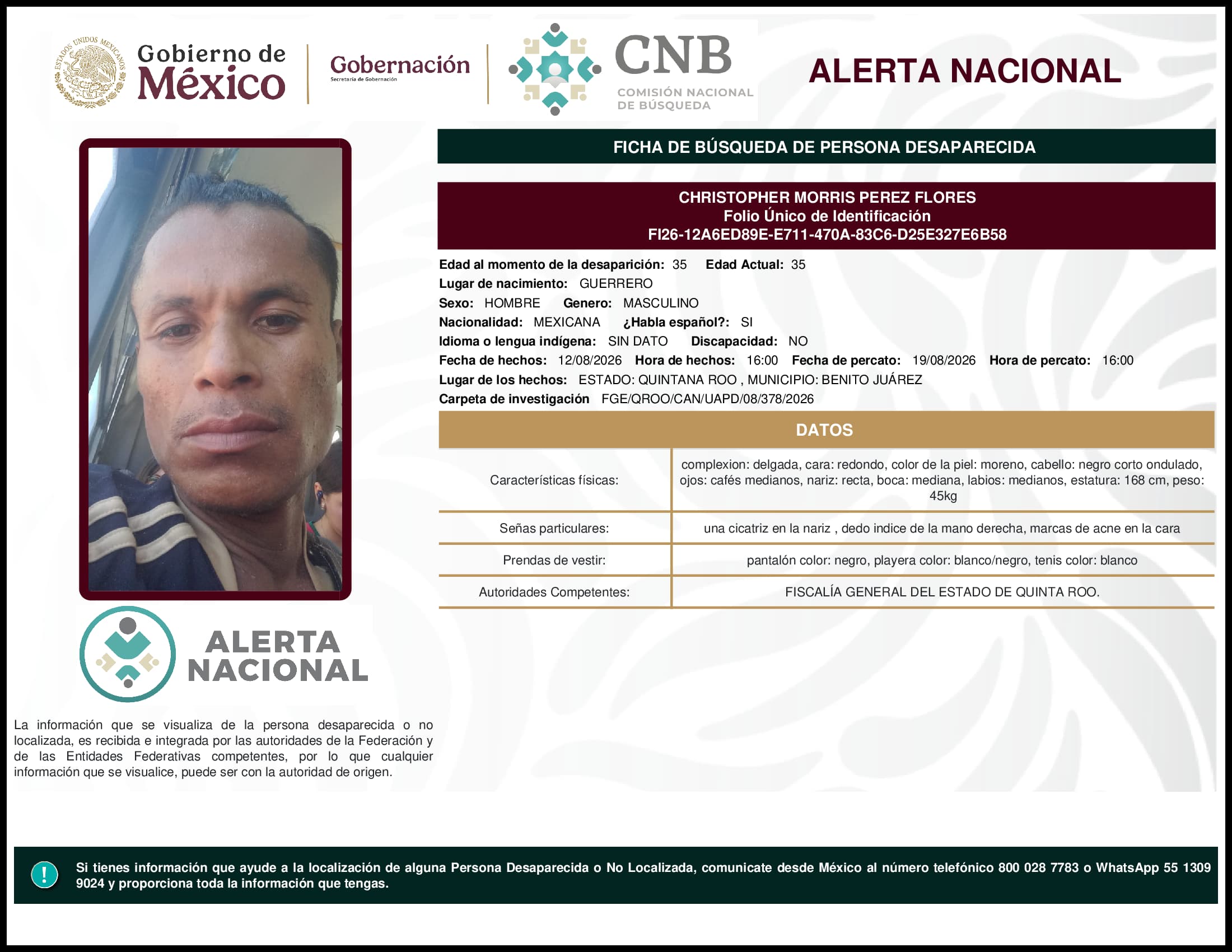 Persona desaparecida Christopher Morris Perez Flores
