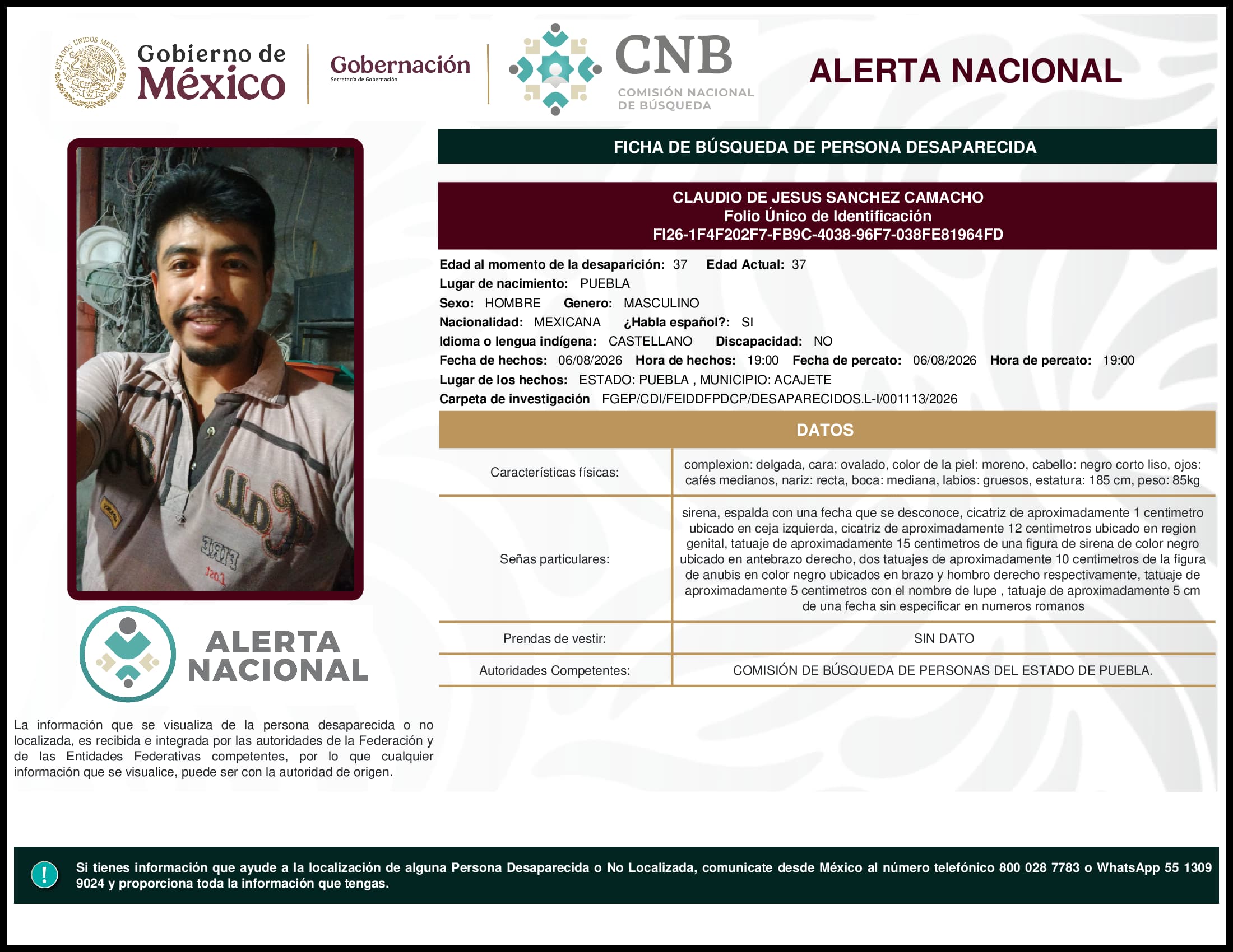 Persona desaparecida Claudio De Jesus Sanchez Camacho