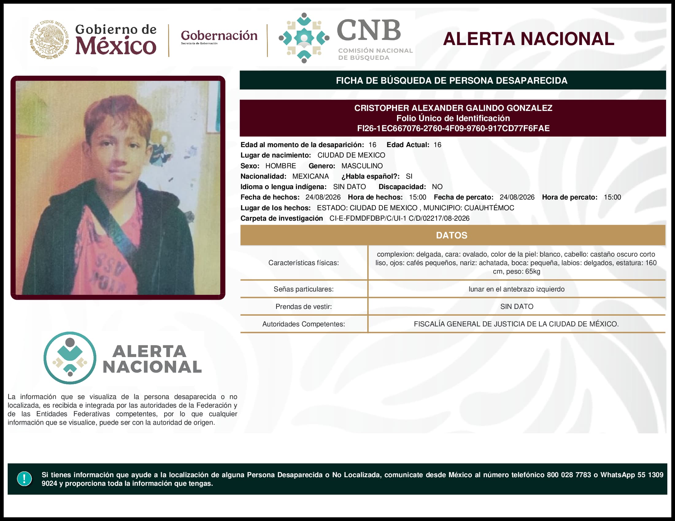 Persona desaparecida Cristopher Alexander Galindo Gonzalez